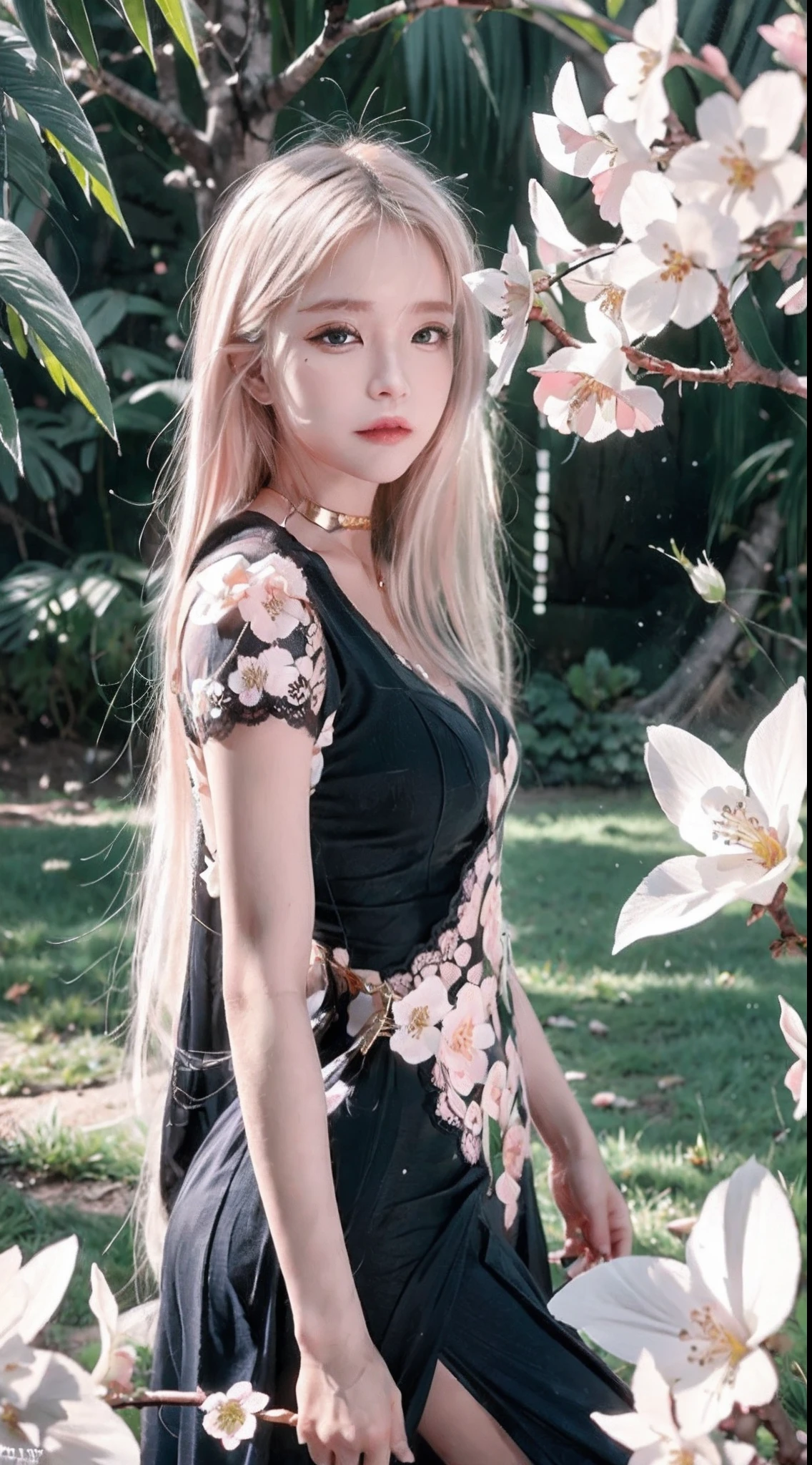 Space cap（Long blonde hair+Small pink flowers:1.3+Big red and blue eyes+Heterochromia+gold-wire glasses:1.2+Intellectual beauty:1.1)，under a sakura tree，Sideslit，lace legwear