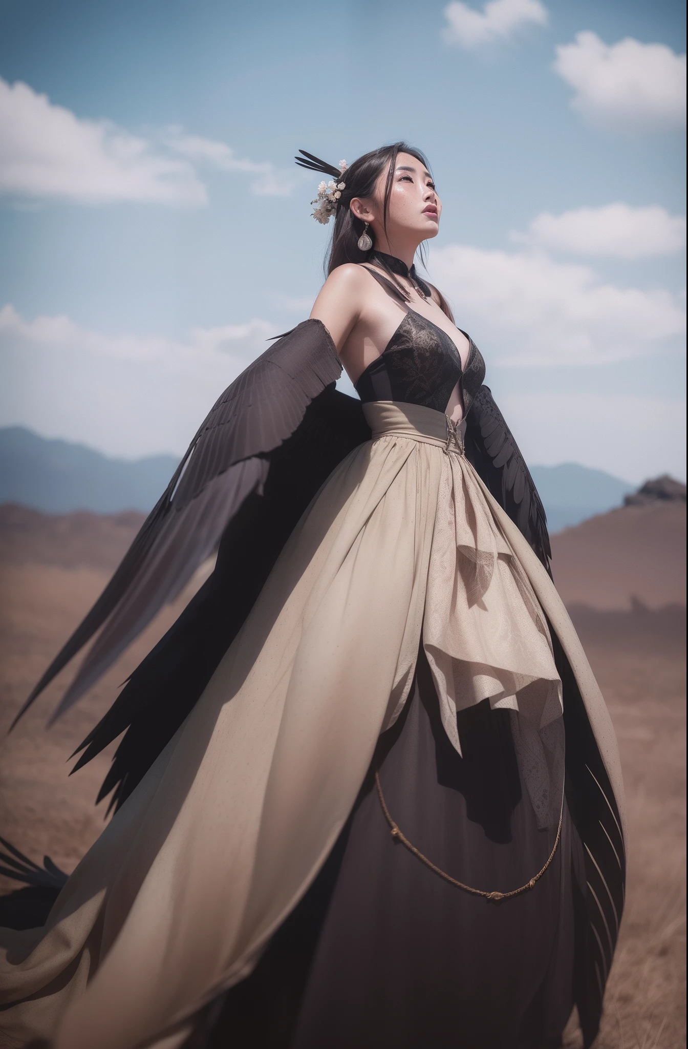 Woman in an exaggerated dress,and freckles on his face,Stand on the middle of nowhere,Circling crows,liberta,Photographer Zhang Jiacheng photography style,Stage play effect,Bright and witty vintage tones,4k画质,Oriental aesthetics,ultra-realistic realism