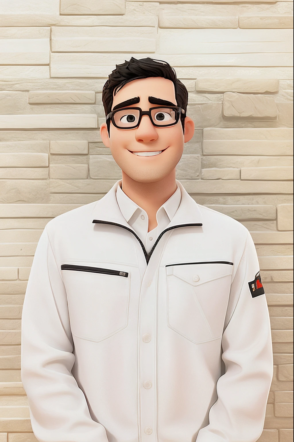 Portrait of 30-year-old man in gray work clothes of construction industry wearing white Y-shirt inside、Black-rimmed glasses、Short-haired black hair、A half body、looking at the viewers、a smile、estilo chibi、Ivory brick background、blured background、depth of fields、detaileds、comic strip、Drawing with designer strokes by Alex Ross、Unreal Engine、8k
