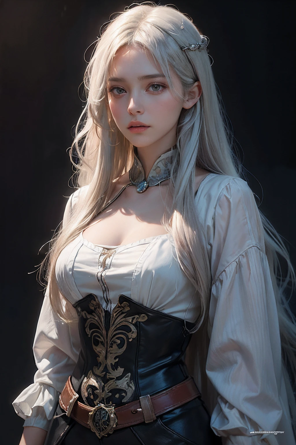 Hyperrealist portrait of female by david hockney and alphonse mucha,fantasy art, photo realistic, dynamic lighting, artstation, poster, volumetric lighting, very detailed faces, 4 k, award winning,, 1girl, in the dark, deep shadow, low key,cowboy shot,(official clothing:1.4) ,long hair,white hair, --auto