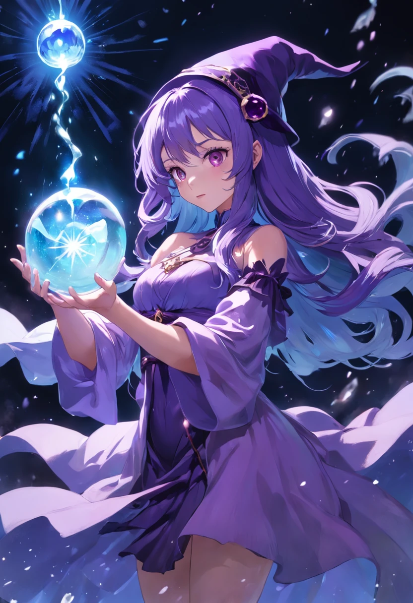 Witch with purple hair holding a light wait and a purple hat, feiticeira  bela feiticeira, feiticeira bonita, feiticeira bonita, feiticeira roxa, a sorceress casting a ball of ice with a glowing aura, corpo inteiro