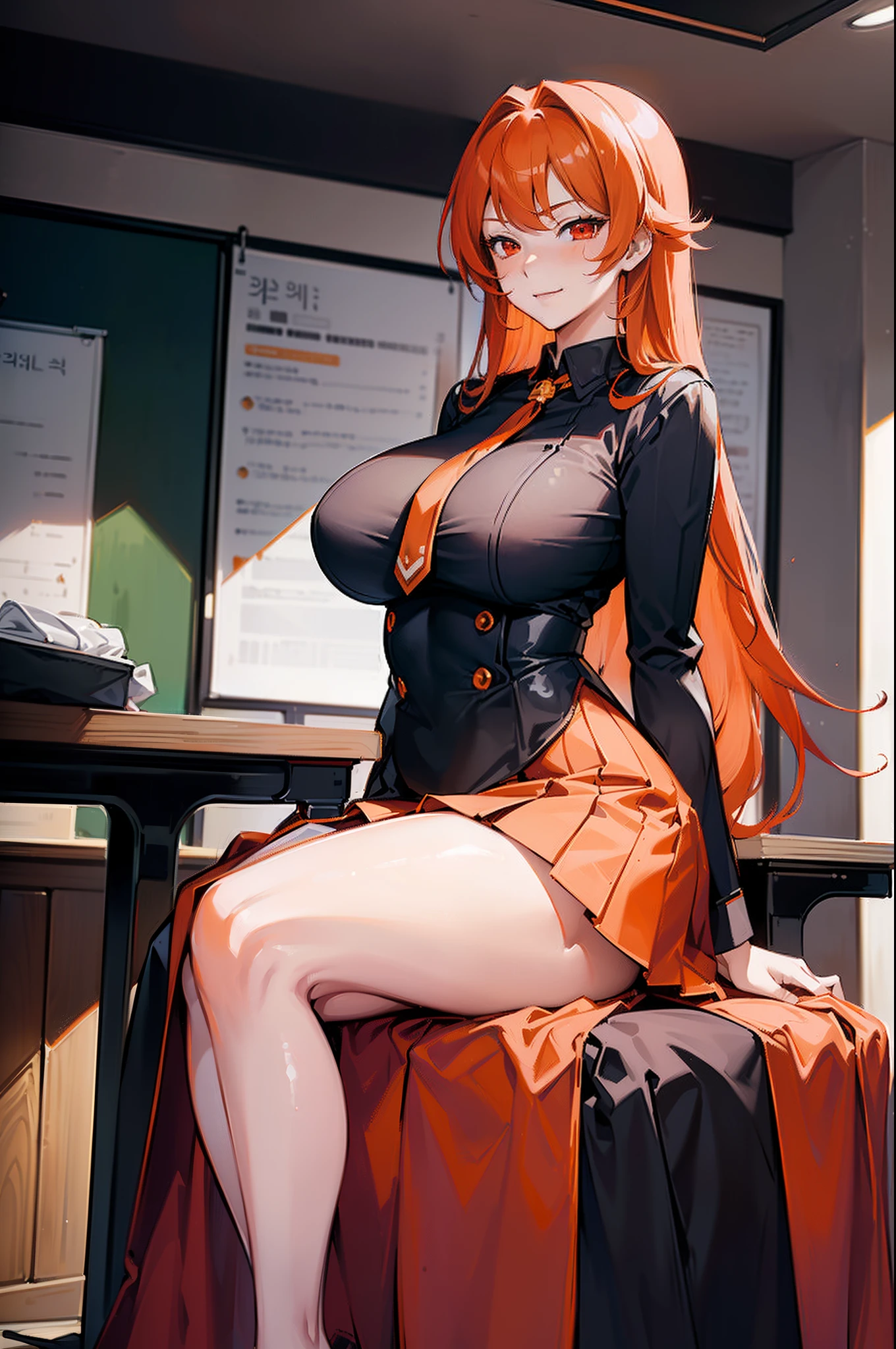 (1woman), (beautiful arrogant woman), masterpiece, beautiful, Pixiv, top quality, (((long orange hair))), Korean bangs, (((half-body view))), (red eyes), ((school uniform)), ((voluptuous curves)), ((sitting)), (((seductive smirk))), ((immense blushing)), (classroom background)