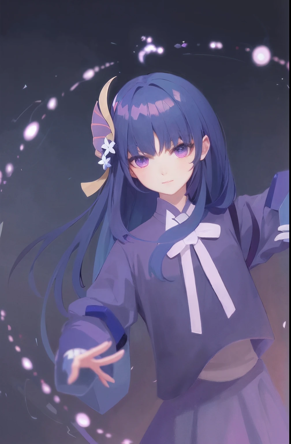 Anime girl with blue hair and purple dress holding purple hat, anime moe art style, anime style like fate/stay night, tsuaii, iwakura lain, style of anime4 K, Anime waifu, hyuga hyuga, made with anime painter studio, Guviz, Anime style. 8K, zerochan art, Ayaka Genshin impact