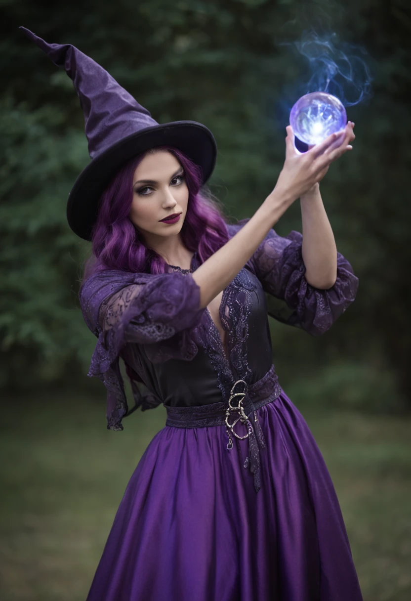 Witch with purple hair holding a light wait and a purple hat, feiticeira bela feiticeira, feiticeira bonita, feiticeira bonita, feiticeira roxa, a sorceress casting a ball of ice with a glowing aura, corpo inteiro