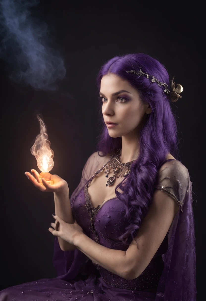 Witch with purple hair holding a light wait and a purple hat, feiticeira  bela feiticeira, feiticeira bonita, feiticeira bonita, feiticeira roxa, a sorceress casting a ball of ice with a glowing aura, corpo inteiro