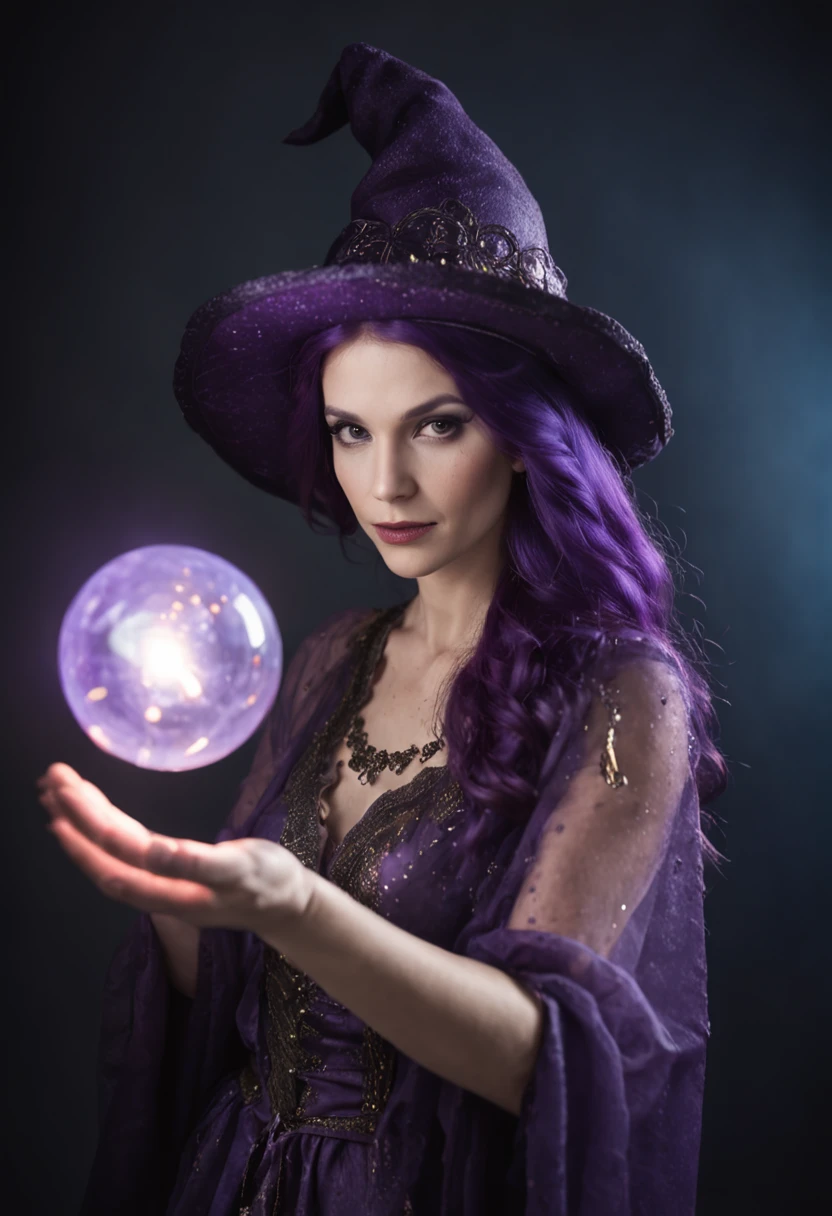 Witch with purple hair holding a light wait and a purple hat, feiticeira bela feiticeira, feiticeira bonita, feiticeira bonita, feiticeira roxa, a sorceress casting a ball of ice with a glowing aura, corpo inteiro