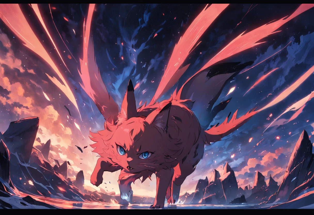 Masterpiece, beste-Qualit, Image fixe du film, Soft and warm lighting, La nuit, (Sparks: 0,7), Shooting Star, mouvement, paysage, chat, Paysage seulement, Fin du monde, monstre, High detail, rouge et bleu