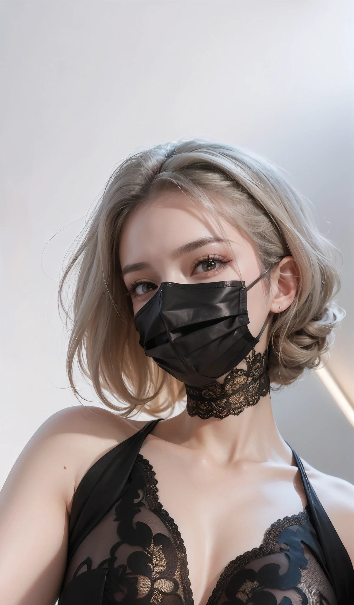 （（Lace mask:1.4）），（（Ambiguous eyes:1.5））primitive, Masterpiece, ultra fine photos, Best quality, Ultra-high resolution, Realistic, Sunny, full-body portraits, Remarkable, Dynamic posture, exquisite face, Vibrant eyes, Very detailed background, Detailed face, detailed tidy background, Gorgeous, High detail skin, Realistic skin details, Visible pores, Clear focus, volume fog, 8K  UHD, Digital SLR, High quality, filmgrain, Fair skin, Realism，（（huge tit:1.4））