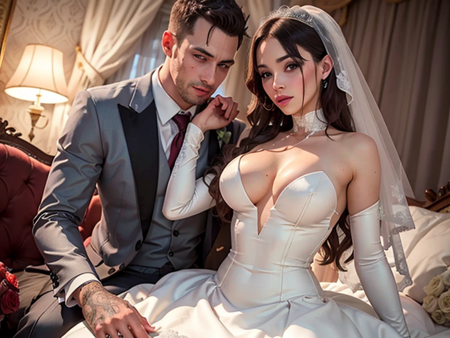 arafed, high details, best quality, 16k, [ultra detailed], masterpiece, best quality, (extremely detailed), dynamic angle, ultra wide shot, RAW, photorealistic, a wide angle picture of a vampire bride biting  her groom, a [female vampire] bride (best details, Masterpiece, best quality) vampire female in a white latex wedding gown with blood stains (best details, Masterpiece, best quality), ultra detailed face (best details, Masterpiece, best quality), ultra feminine, grey skin, red haired, long hair, wedding hair cut style, blue eyes, intense eyes, wearing white latex wedding dress bloody gown (best details, Masterpiece, best quality), wearing white high heels, in the honeymoon suite (best details, Masterpiece, best quality), biting the the groom, bloody face, BREAK a beautiful human man (best details, Masterpiece, best quality), ultra detailed face (best details, Masterpiece, best quality), wearing a wedding tuxedo (best details, Masterpiece, best quality), honeymoon suite background, Ultra-Wide Angle, high detail, award winning, best quality, HD, 16K, 3D rendering, high details, best quality, highres, ultra wide angle, 3D rendering, [[anatomically correct]]
