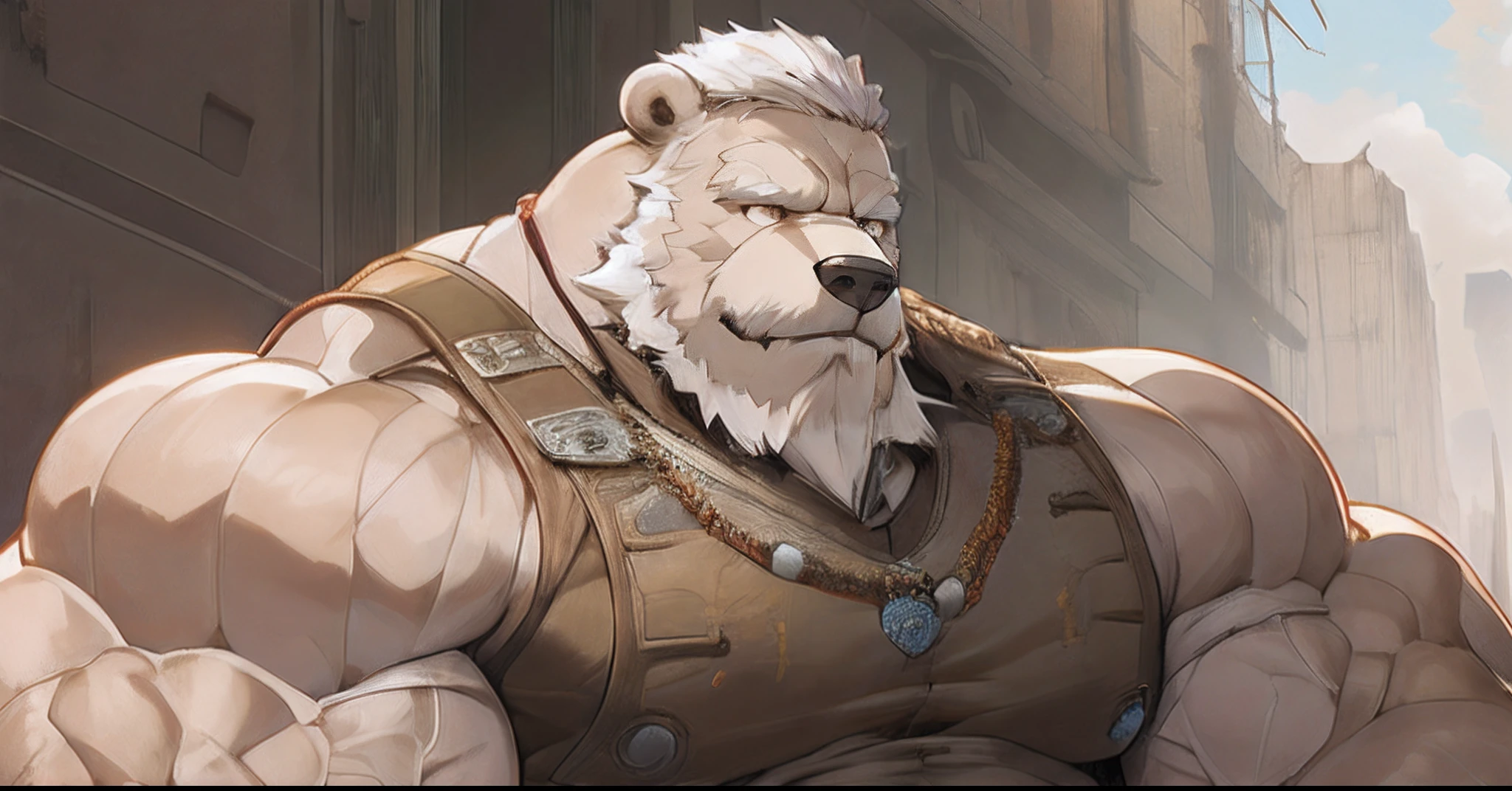 extremely detailed, detailed face, detailed eyes, detailed muscle, (view full body), ((1man)), ((furry bear)), (object (big muscular old man soldier sitting resting in the ruins of the building)), the old man is soldier and wearing soldier uniform, old man (facial hair, beaded, white beard, battel scar face, short hair, white hair, strong character, strong muscle), (background ((waster land, post-apocalypse, ruined city))),  (photography (50mm lens, cinematic, cinematic color))