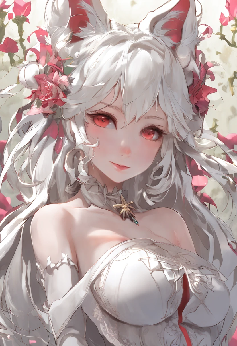 long hair elf,hair ornament,{{best quality}, {{masterpiece}}, {highres}, original, nude, extremely detailed wallpaper, cute ,((white cat ears)){an extremely delicate and beautiful},1girl,extremely detailed,white hair,messy hair,{light smile},{portrait},{red eyes},large breast,cute nipples, detailed pussy, dramatic angle,slim body,perfect body,{magzine},depth of field