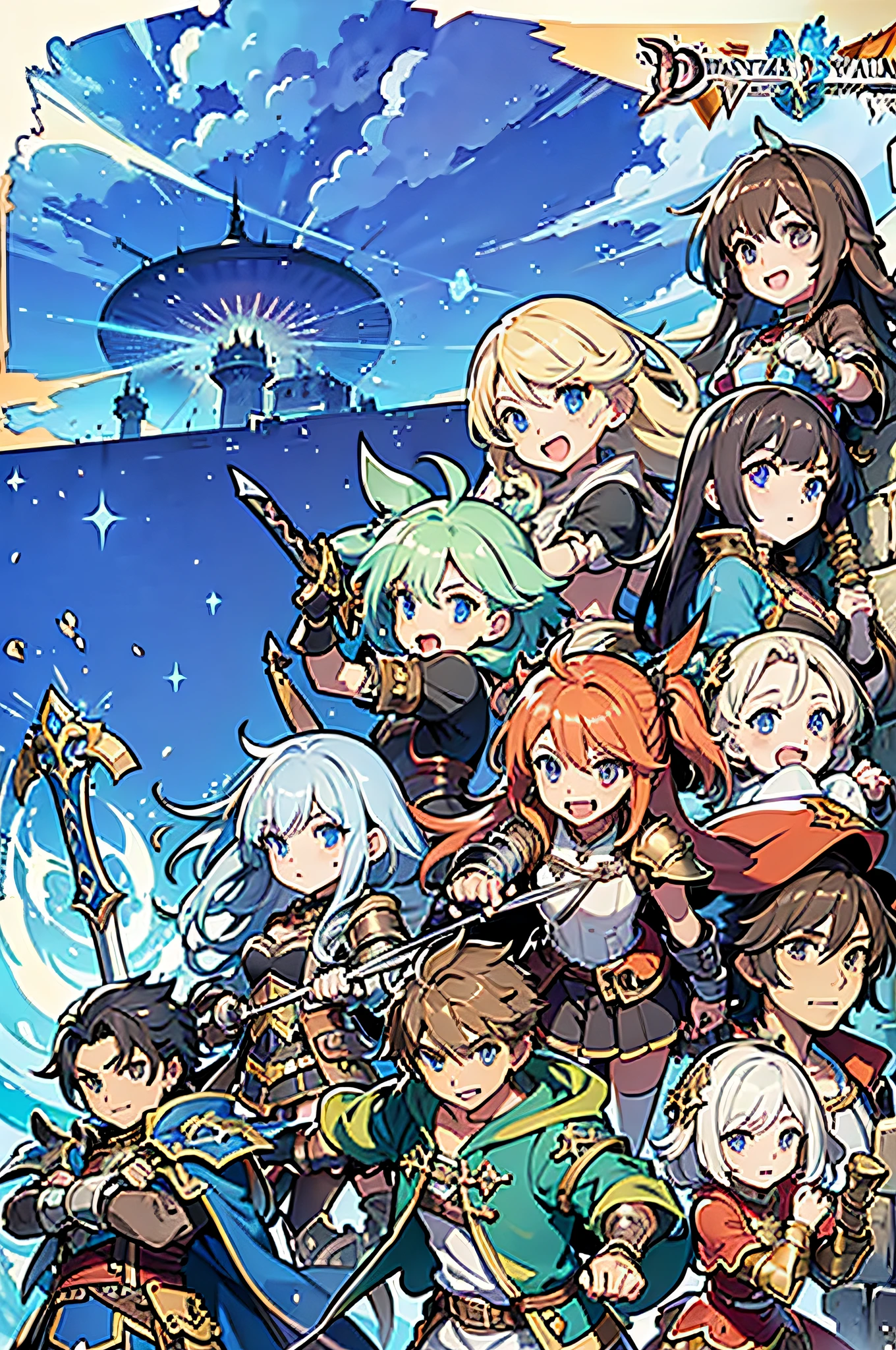 a group of people with swords and armor standing in front of a sky, granblue fantasy, final fantasy 14 style, final fantasy fan art, crisp clear rpg portrait, ffxiv heavensward, final fantasy style, final fantasy 1 2 style, final fantasy xiv: endwalker, key art, final fantasy artwork concept, ffxiv, from final fantasy, detailed key anime art, best quality, there are many people in a field with a castle in the background, key art, final fantasy artwork concept, hq artwork, square enix cinematic art, boris valejo. octopath traveler, high detailed official artwork, final fantasy 1 4, final fantasy xiv, final fantasy 14 style, game key art, ffxiv, final fantasy 14 sharp, rpg artwork, masterpiece, high quality, best quality, high detail, perfect draw, official artwork, detailed cover artwork, key art, promo art, album art, front cover of a new video game, enhanced, official art, anime cover, board game cover art, promotional art, box art, album art cover, game cover, battle chasers, official anime artwork, album cover, high quality face, high quality hand, by bestiary_style, males and females, fantasy rpg, warrior, armor, sword, high detailed faces