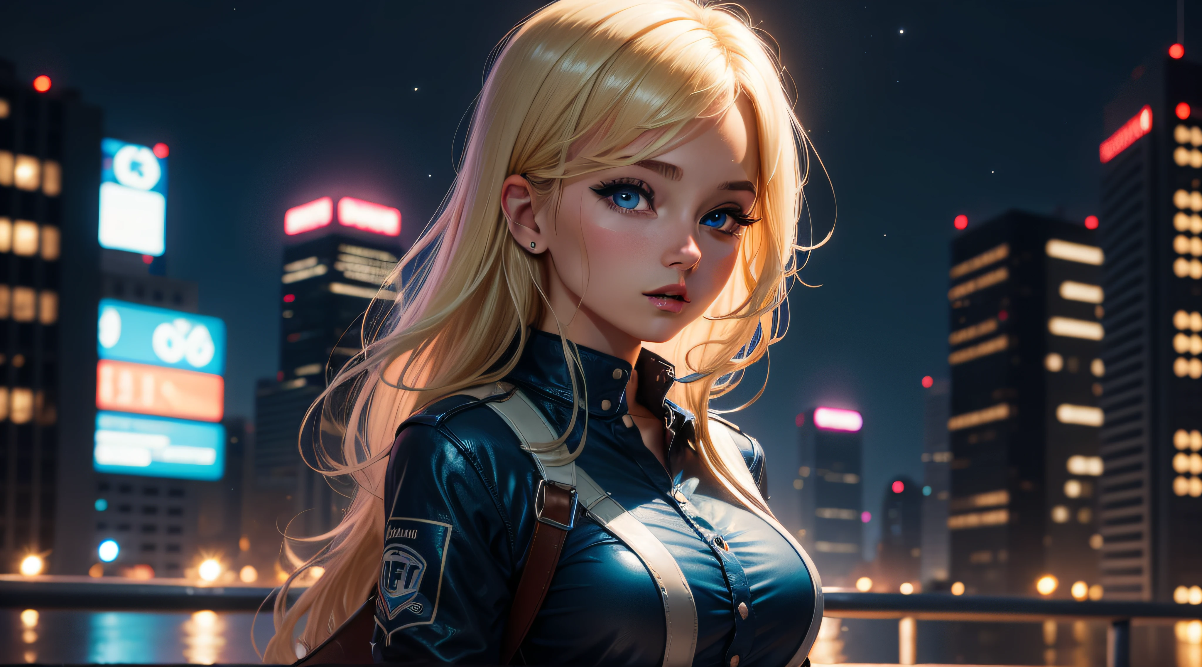 girl, Night City, 22 years old, blonde, blue theme