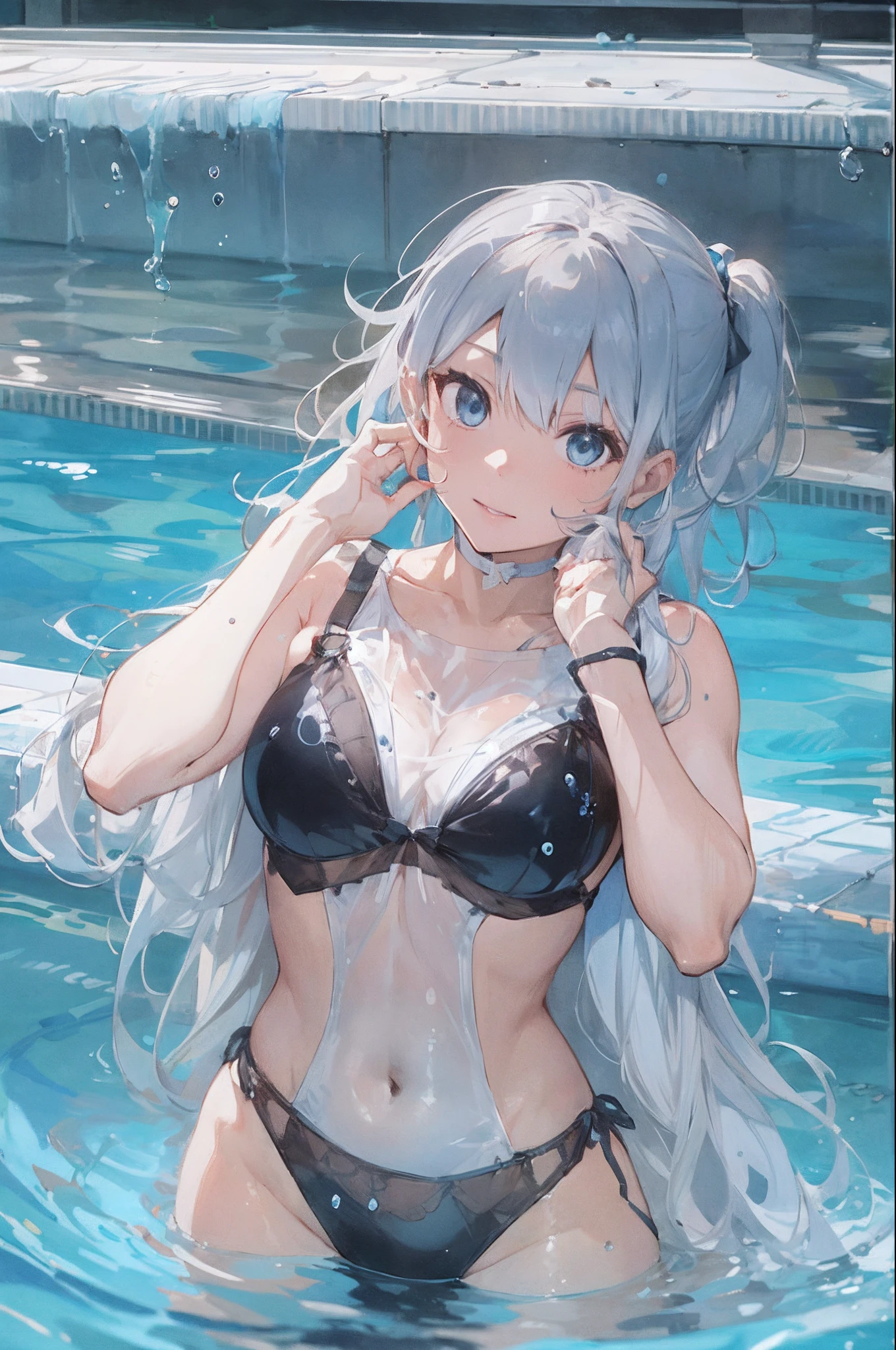 Beautiful fece, ​masterpiece, top-quality, hiqcgbody, animesque, 1girl in, Medium chest, The bikini, Transparent transparent black swimsuit, portrait shot, Look at viewers, Partially submerged, Outdoor pool, (silber hair),poneyTail,wetted skin, intricate detailes,>,((coverd)