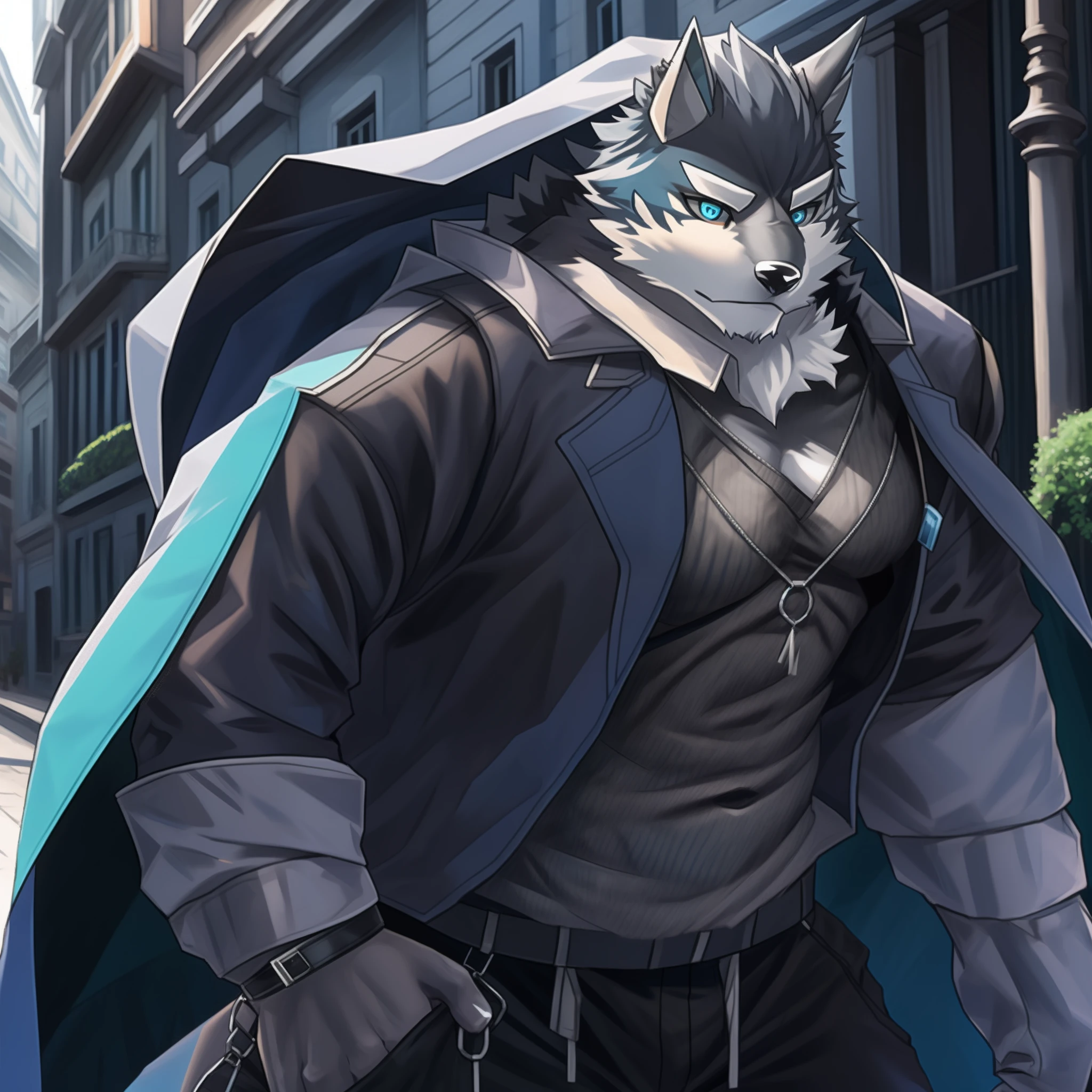 solo person，hairy chest，Lovely belly，Canine orcs，Blue body，Blue-blue eyes，Black ears，Gray trench coat，Black pantsuit，White hood，Black cape，Two strands of dark blue hair stood on end