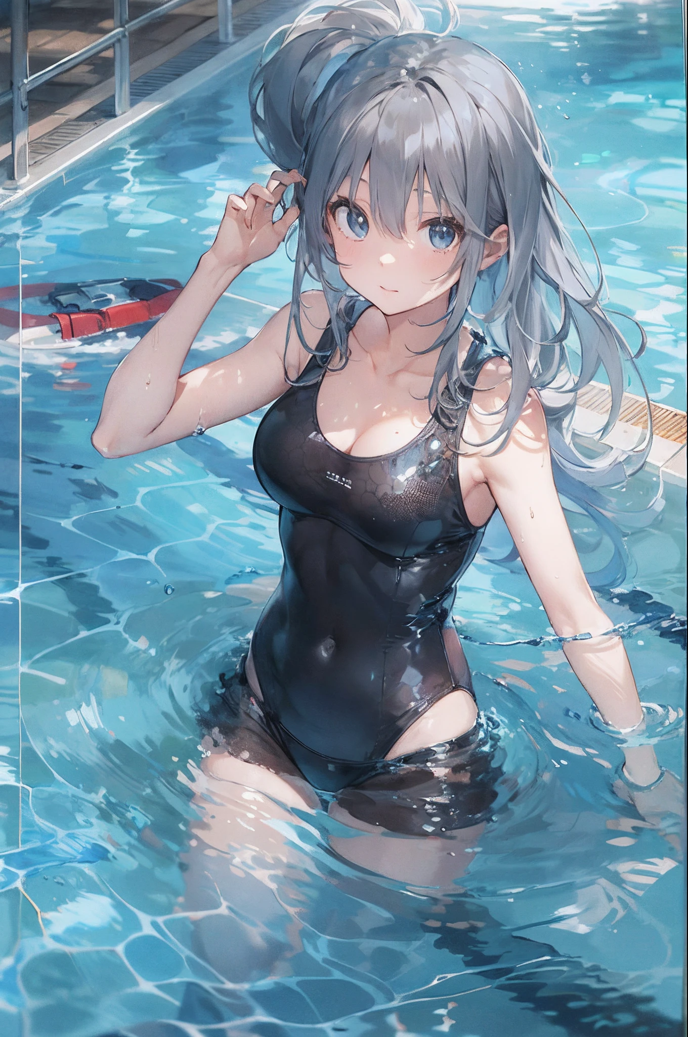 Beautiful fece, masterpiece, top-quality, hiqcgbody, animesque, 1girl in, Medium chest, The bikini, Transparent transparent black swimsuit, portrait shot, Look at viewers, Partially submerged, Outdoor pool, (silber hair),poneyTail,wetted skin, intricate detailes,>,((coverd)