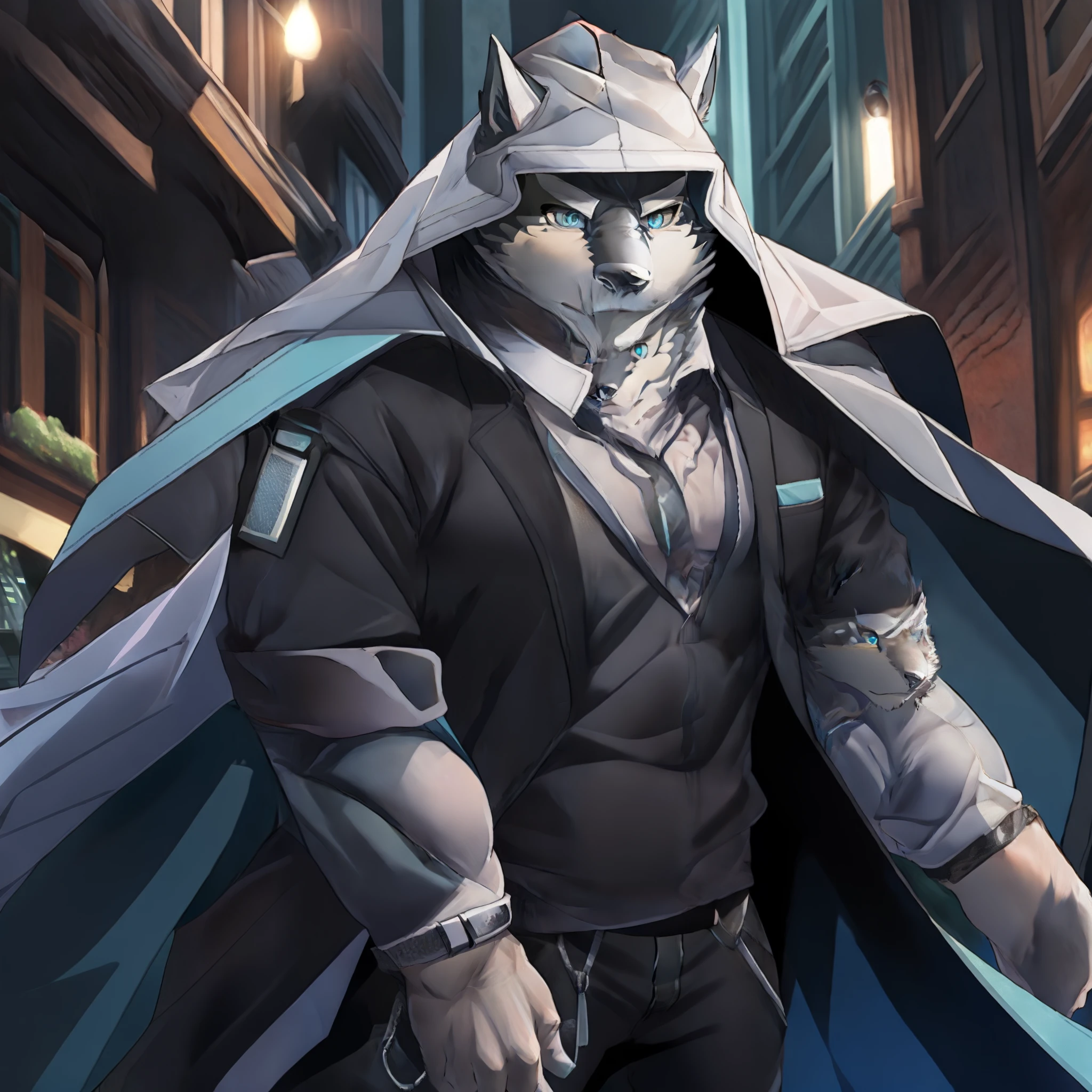 solo person，hairy chest，Lovely belly，Canine orcs，Blue body，Blue-blue eyes，Black ears，Gray trench coat，Black pantsuit，White hood，Black cape，Two strands of dark blue hair stood on end