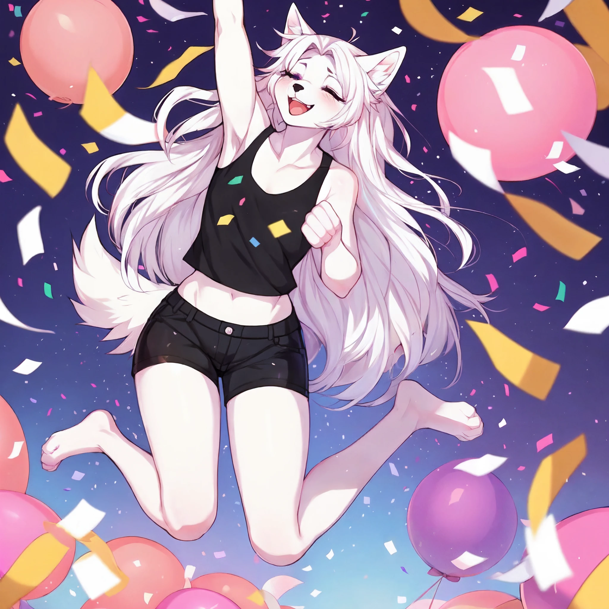 Solo, a female white wolf, feminine, long white hair, purple eyes, black nose, cute snout, white wolf tail, white fluffy ears, wearing black tank top, black shorts, jumping, fist in air, clenched fists, eyes closed, mouth open, smiling, raised eyebrows, no background, confetti everywhere, by hyattlen, by claweddrip, by fumiko, high quality,