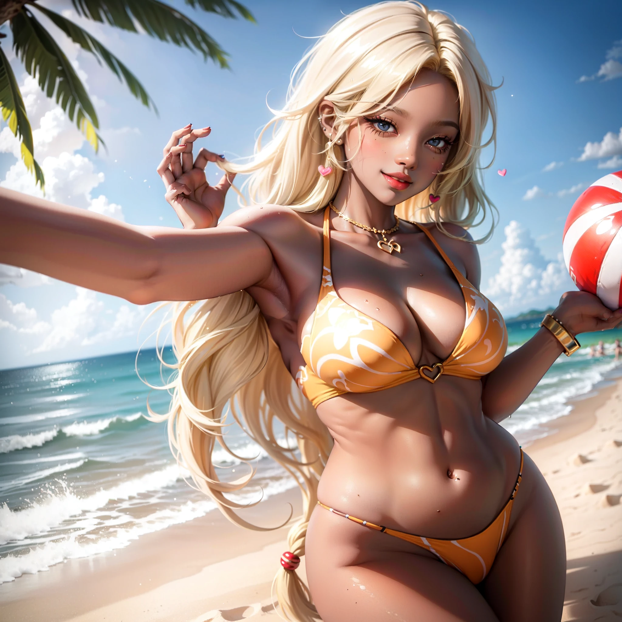((1 girl)), (masterpiece), ((blonde)), ((darkskin)), ((one girl)),((mocha skin)), full body, sitting in sand, ((big boobs)), ((curvy girl)), HD, 4K,holding beach ball,dynamic posing, bathing suit, tropical,((twin tailed hair)),sexy, honey eyes, juicy lips, ((full lips)),hearts, galaxy eyes, beach background, big boobs, thick thighs, small waist+++, happy++, smiling++,