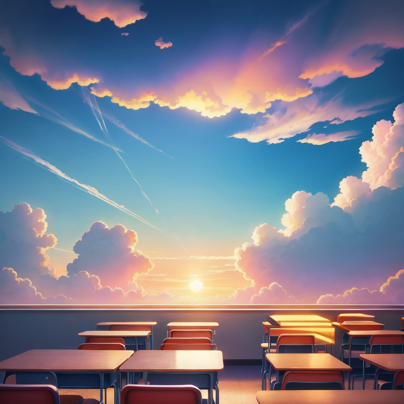 Dream background for front photography,borgar, pastelcolor, (Detailed cloud view:1.3), (A high resolution:1.2)Classroom,Classroom illuminated by the sunset at dusk,The classrooms were empty,Perfect quality,Happy cartoon,hd illustration,exciting illustration,flatillustration,a cartoon illustration,Children's book illustration,Detailed 2D illustration,Business Illustration,Children's book illustration,full-colour illustration,2D illustration,(tmasterpiece: 1.2)(bokeh)(best qualtiy)(complexdetails)