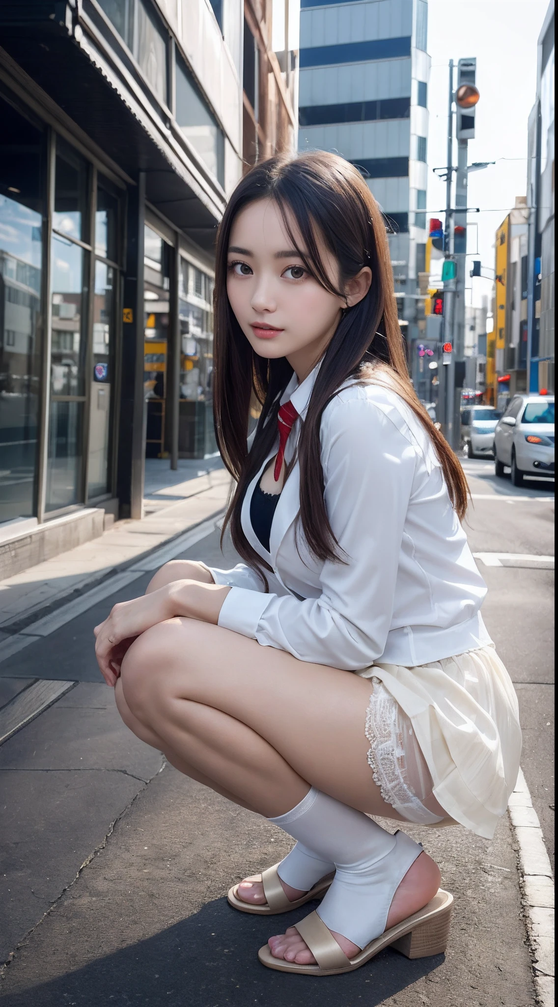long eyeslashes、Beautiful double eyelids、Sanpaku eyes、Duck mouth、(8K、Raw photography、top-quality、masterpiece:1.2)、(reallistic、Photorealsitic:1.37)、The ultra -The high-definition、1 girl in、cute little、Colossal tits、beautidful eyes、cleavage on the chest、perfect bodies、Perfect fingers、profetional lighting、goddess of Japan、gravure、Detailed face and skin texture、A detailed eye、Raw photo、90 degree knees、heels on the ground、hands in front of feet、hug your feet、Knelt、Walkway、Raw photography、超A high resolution、Beautiful face in every detail、Realistic human skin、Gentle expression、front-facing view、angle from bellow、length hair、realisitic、Photorealsitic、cute little、a short skirt、Squatting deep in the city、cute school girl、Japan schoolgirl wearing uniform、Surreal High School Girl、full body Esbian、(((white panty)))