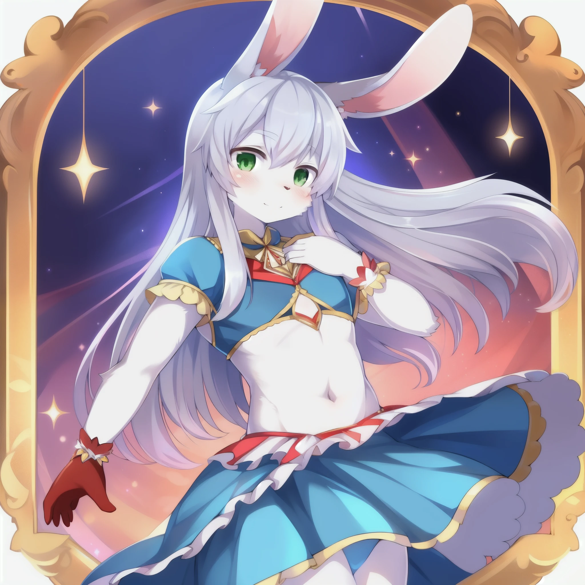 1boy, solo (thin:1.5), (twink), kemono, Furry, furry bunny, anthropomorphic, male, silver fur, green eyes, long hair, silver hair, magical girl theme, magical girl outfit, red magical girl dress, revealing outfit, uploaded on e621,