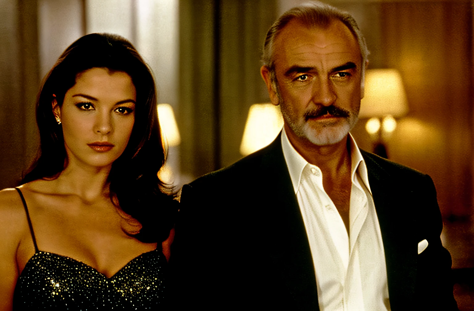 arafed image of a man and a woman posing for a picture, bond girl, young Catherine Zeta-Jones, 55-year-old Sean Connery with beard and moustache, actors, fox, movie still of 'Entrapment', movie screencap, Sean Connery as Mac, set in 1999, October, high quality film still, neo - noir, accurate, UHD