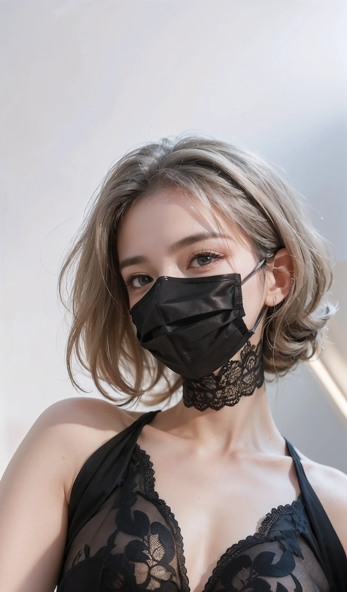 (RAW photo, Best quality), (Realistic, photo-realistic:1.2),High quality, (highdetailskin:1.4), 1girll,Black lace eye mask covers eyes, Black lace dress