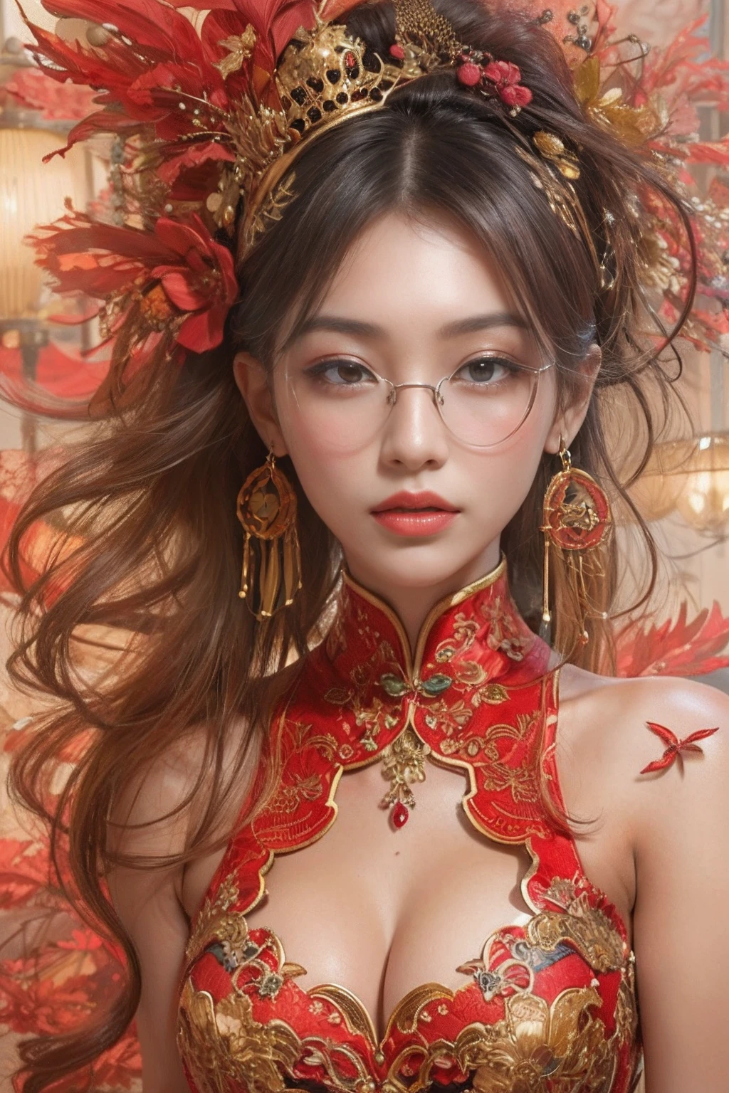 Next to the dressing table sat a woman in a red Chinese dress,Exquisite phoenix crown,Red candles,Side Body,a chinese wedding,anatomy correct,(tmasterpiece,top Quority,best qualtiy,offcial art,Beauty and aesthetics:1.2),(1girll:1.3),The is very detailed,(s fractal art:1.1),Most detailed,(abstract backgrounds:1.3), (Shiny skin),(Earrings),(orthofacial),(dignified),(Round frame gold wire glasses,)