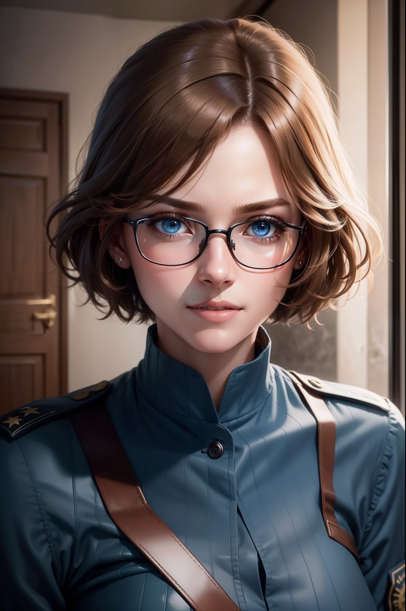 (8K,Photorealsitic Raw photography top-quality;1.4) 1 Middle-aged woman) Super beauty (Lifelike face) (Brown hair short bob) Upper and lower military uniform suit costume Entice your audience Beautiful expression Blue eyes (real looking skin) (Military Personnel) enticing 超A high resolution A hyper-realistic high detal Intelligent and bespectacled officer a smile Inside military installations saluting