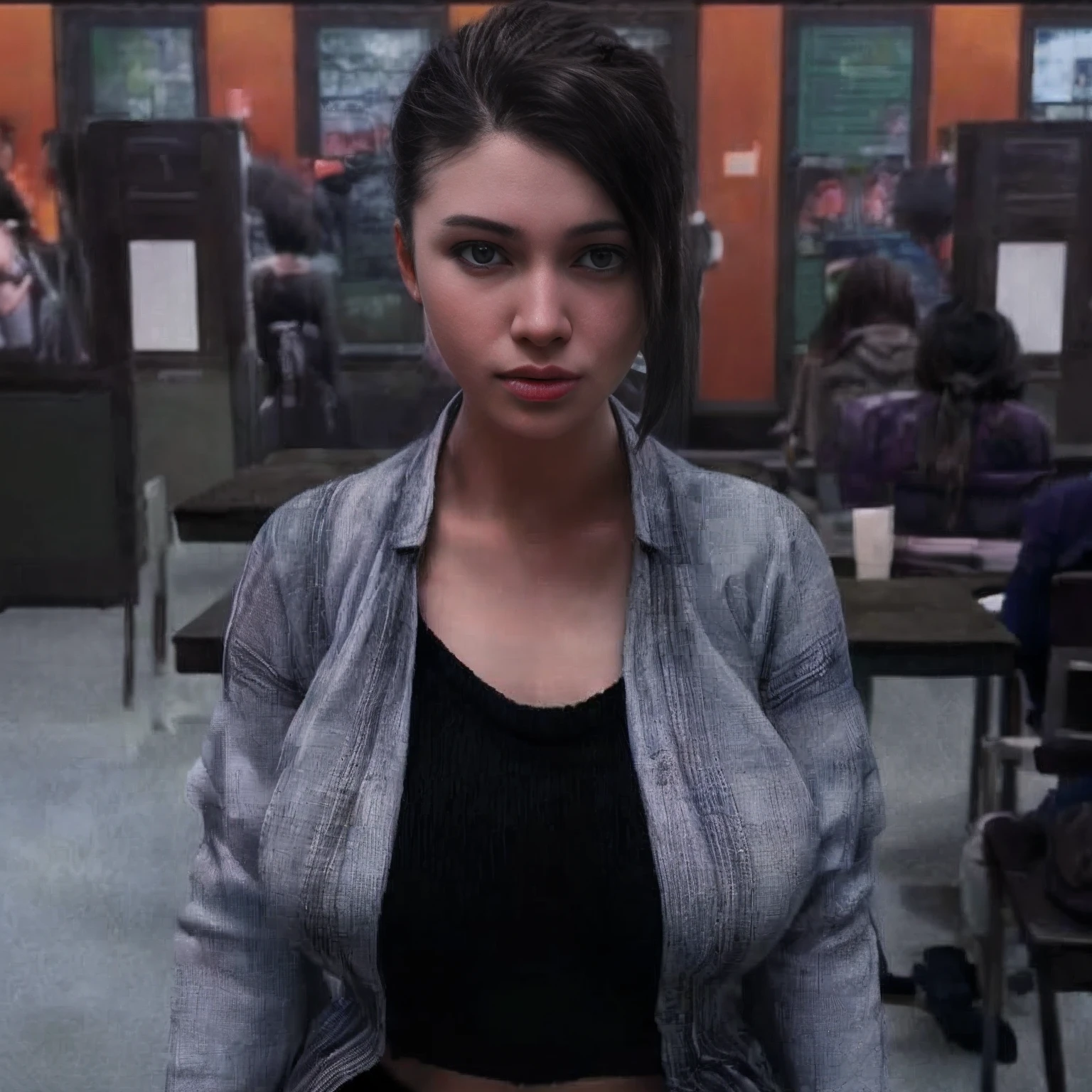 there is a woman standing in a room with a table and chairs, realistic schoolgirl, hyperrealistic schoolgirl, a hyperrealistic schoolgirl, 2020 video game screenshot, life simulator game screenshot, video game screenshot>, cinematic realistic portrait, highly detailed cinematic, photorealistic cinematic, in-game cinematic, realistic cinematic shot, cinematic full character, digital screenshot, realistic, ultra detail, 70mm lens,