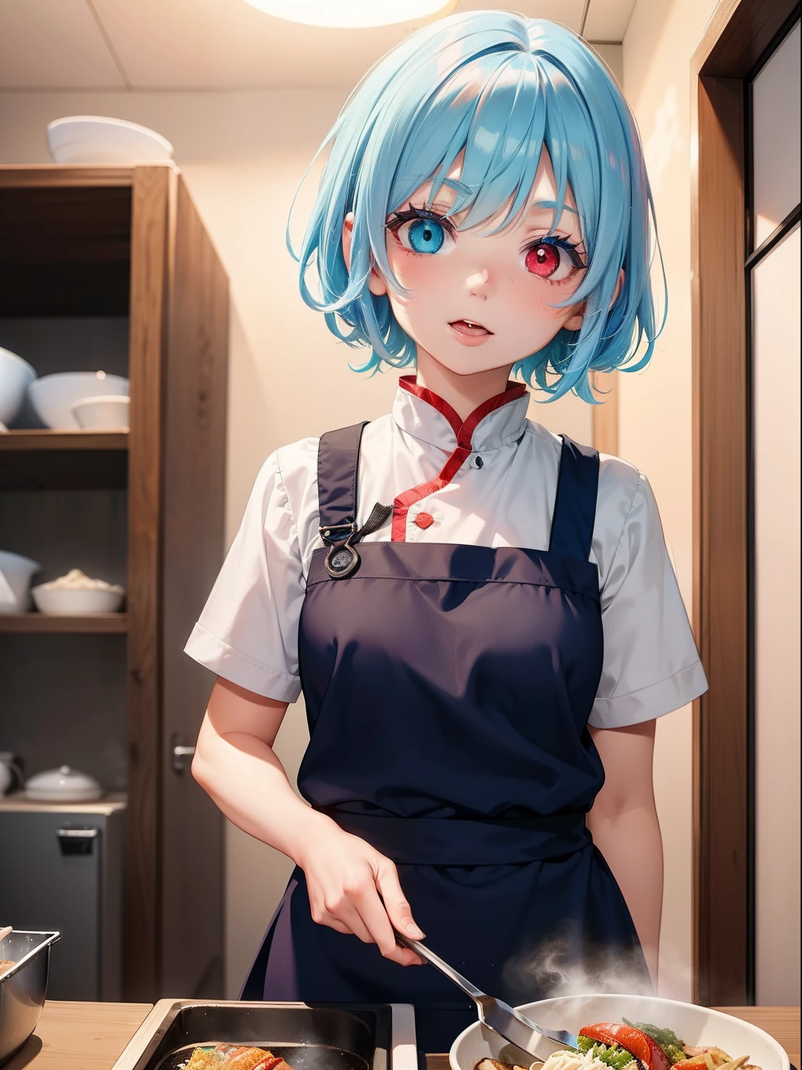 anime,(1little girl),short hair,Light blue hair,(Heterochromia:1.3),(Blue right eye,Red left eye:1.2),flat breast,Petite figure,Stick out your tongue,Blue themed chef uniform,Chinese restaurant kitchen background,Cooking