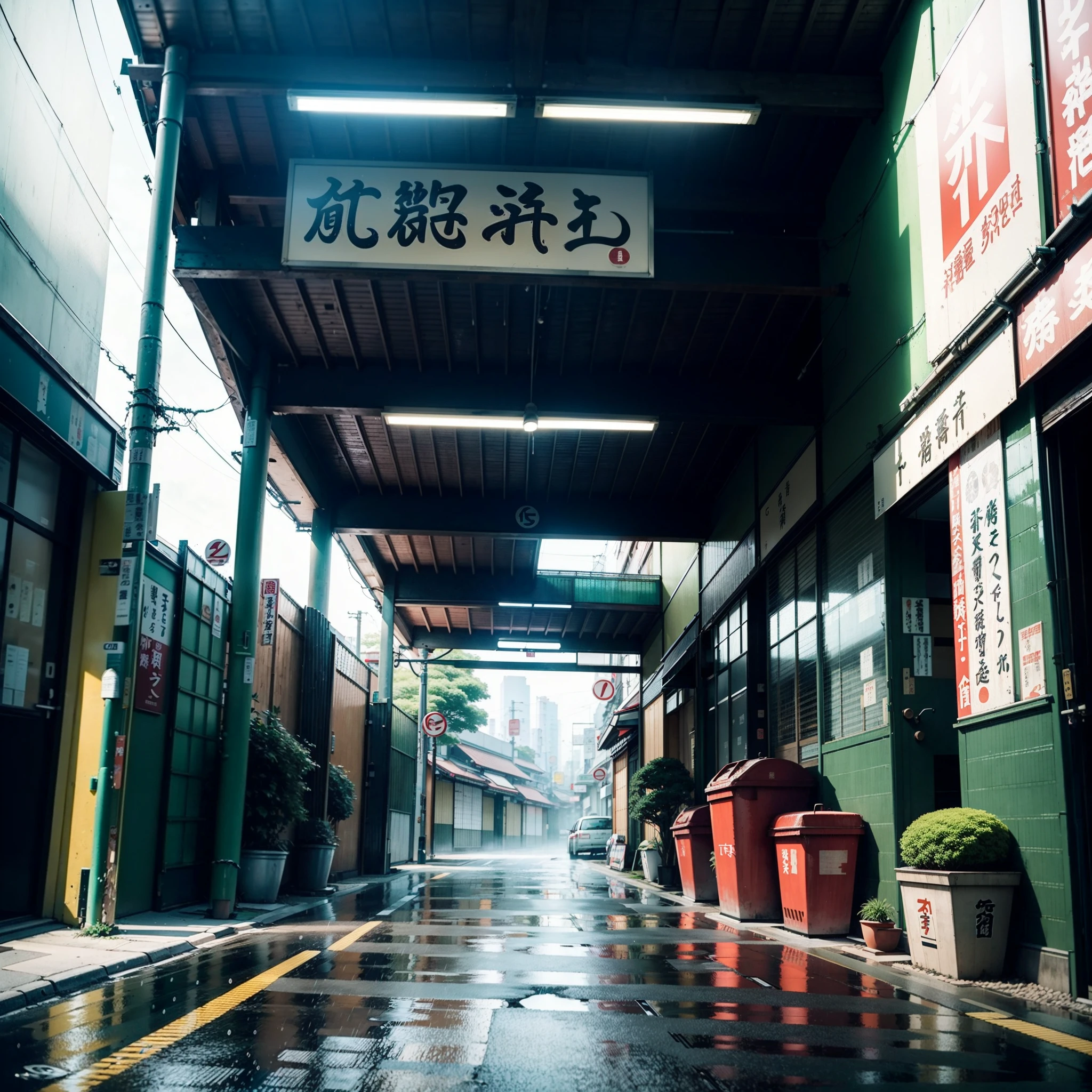 Japanese city street, empty street, no one in sight, (no one: 1), modern Japanese architecture, retro Japanese architecture, Tokyo, street under bridge, raining, rain, gloomy weather, heavy rain, puddles, dramatic weather, huge retro Japanese signs, big retro Japanese store signs, best quality, plant pots, trash can