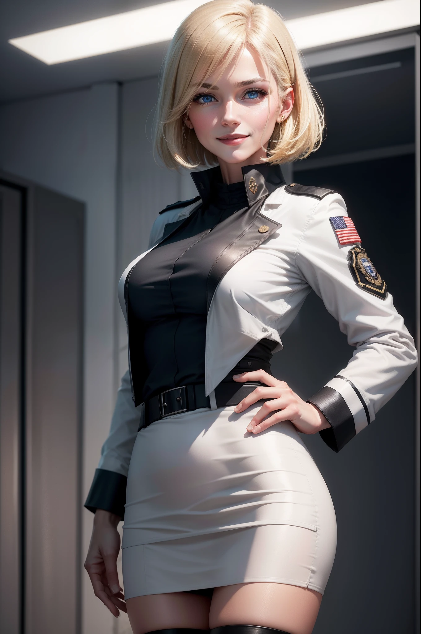 (8K,Photorealsitic　Raw photography　top-quality;1.4) 1 Middle-aged woman) Super beauty　(Lifelike face) 　(Blonde Short Bob)　Black Military Uniform Suit Outfit　　White Cutter Shirt　Black tie　Manteau blanc　Entice your audience　Beautiful expression　Blue eyes　(real looking skin)　(Surgeon)　enticing　超A high resolution　A hyper-realistic　high detal　Intelligent and bespectacled officer　a smile　Inside military installations