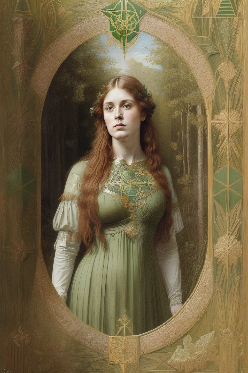 (((Pre-Raphaelite painting, Gustave Doré style, Celtic pattern, trees and leaves, outono, dourado, tons outonais e dourados, Pre-Raphaelite painting, symmetric, Celta, Celtic mystic, Celtic tree of life, Folhas, damask pattern, Dourada, Gustave Doré, symmetric, Pre-Raphaelite painting, ouro, geometric, verde e ouro, brazi, Folhas, outono)))