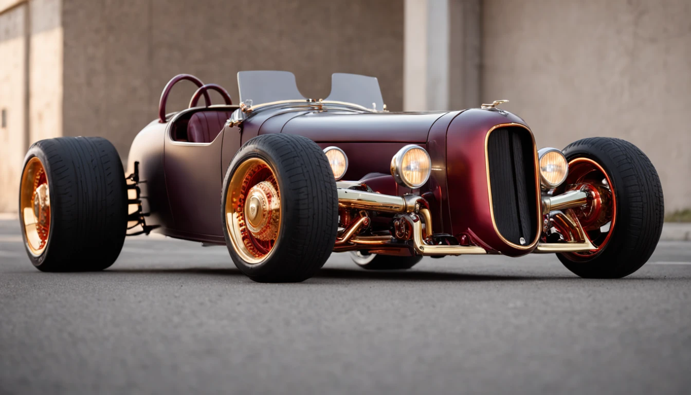a 3/4 front view of ((futuristic cyberpunk hotrod zeekars)) (with glowing tires), at the parking lot, red and gold accent colors