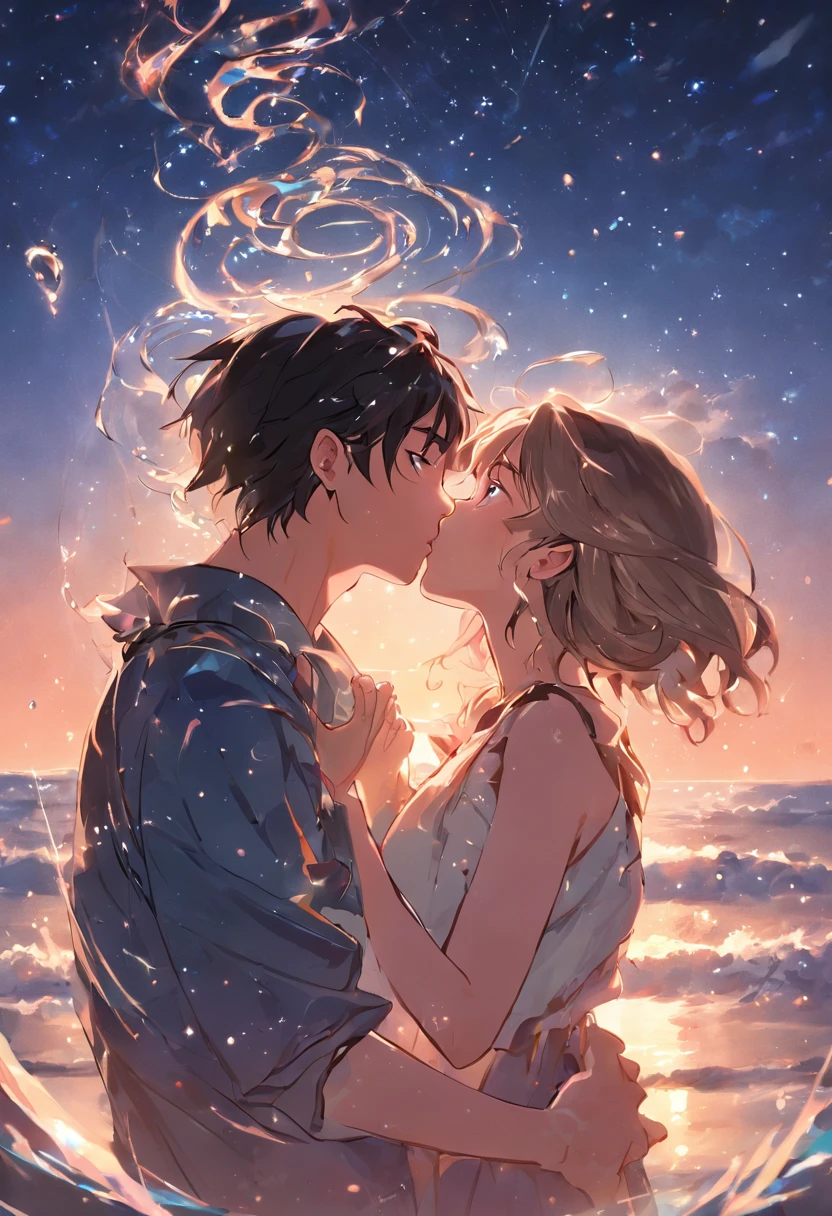 Romantic couple kissing in the wind,s e meninaelas brilhantes,efeitos de brilho,Heart-shaped bubbles,a noite,Em um navio de cruzeiro,The face is clear and precise,detalhe no rosto,super-fino,Beachside,16k resolution,alta qulidade,cinemac lighting,alto detalhe da imagem,dynamic viewing angle,pelos pubianos detalhados,epic shot,oc renderizado