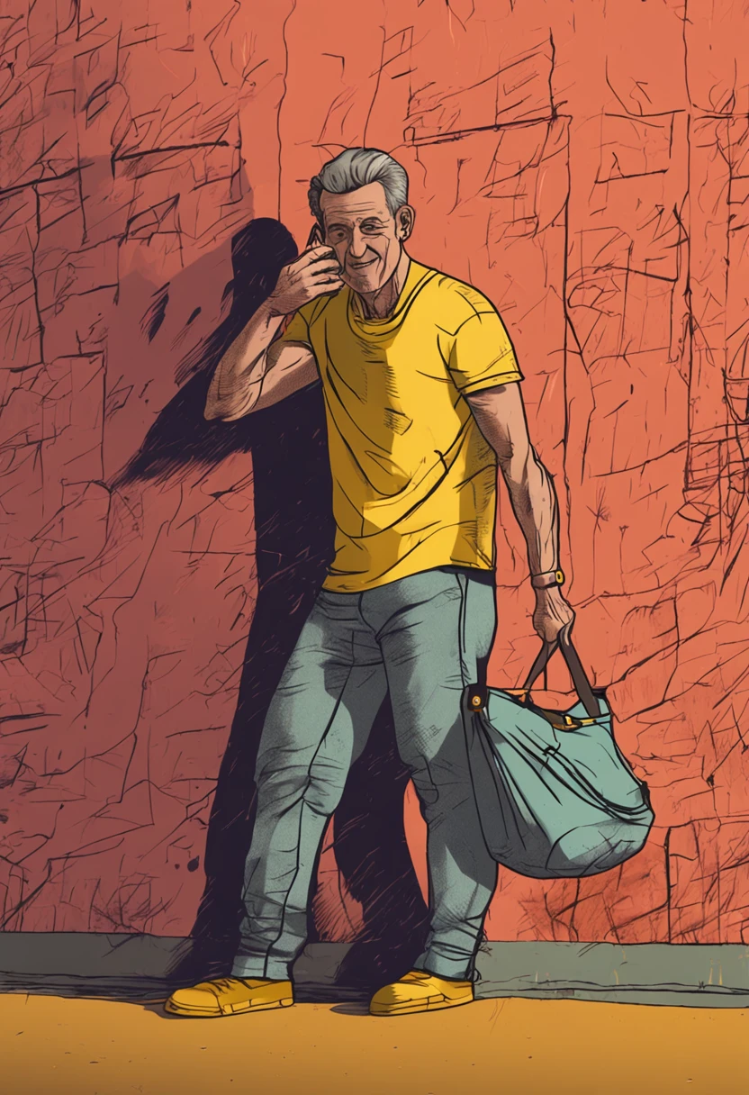 Man in yellow shirt and jeans leaning against a wall, pose estilosa, papel de parede de alta qualidade, homem bonito, com uma pose cool, papel de parede hd, papel de parede de alta qualidade, fan art, Photo Session, pose marcante, foto oficial, Homem de 5 0 anos, ele tem cerca de 60 anos, ele tem cerca de 6 0 anos de idade, Retrato tirado 8 K