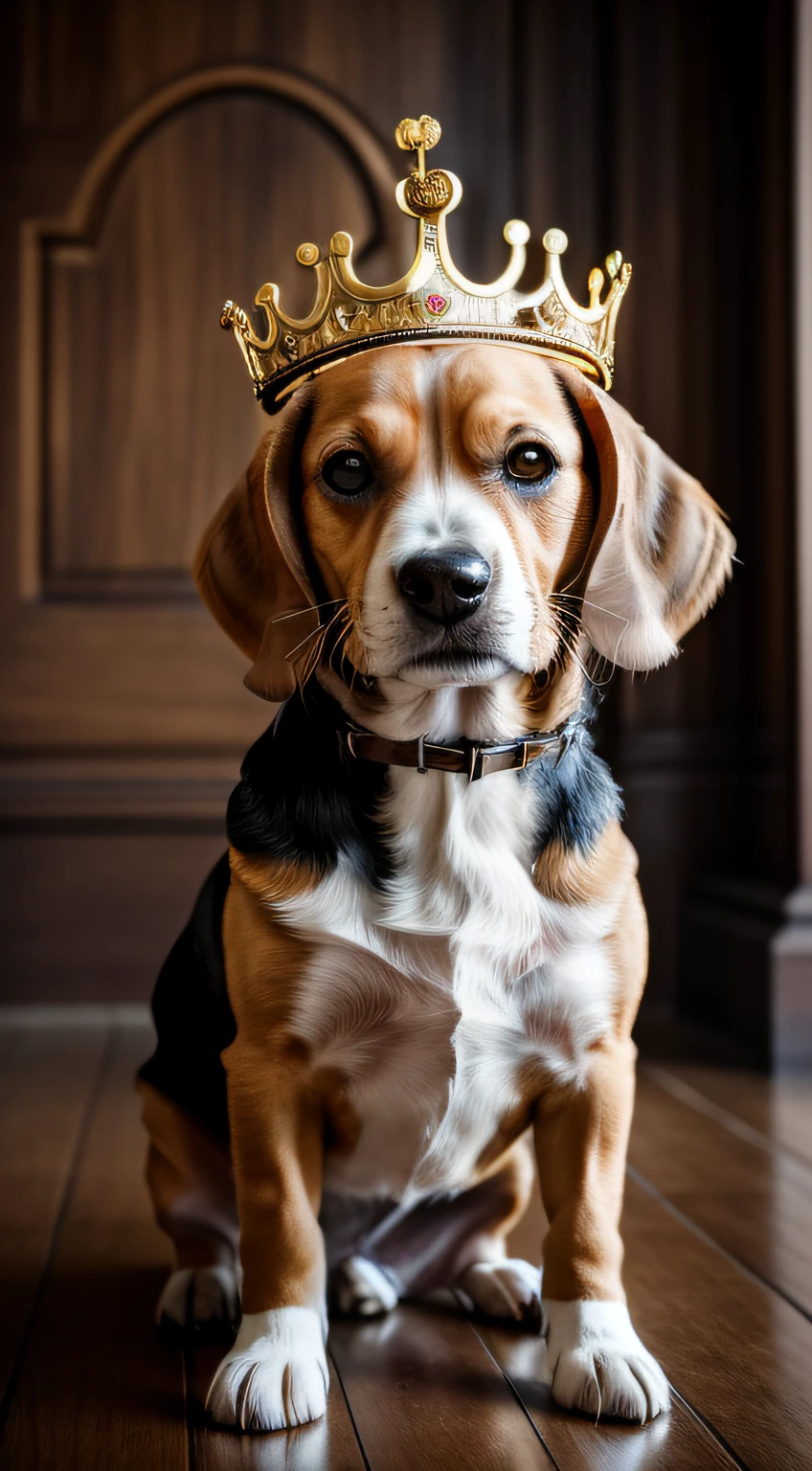 ultra realistic photo of a small beagle with golden crown, posing proudly in her finery despite her sadness, mid body. Cinematic, rococo style, hyper-realistic photo by Marta Bevacqua