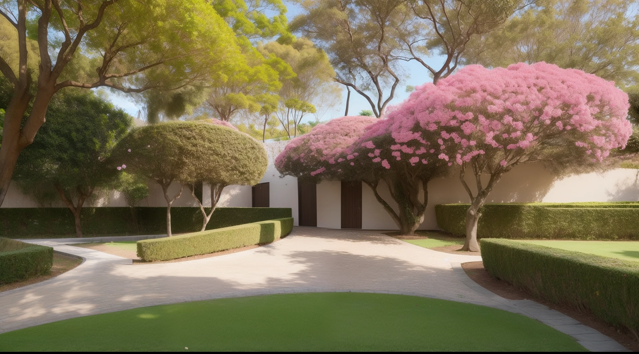 um jardim bem grande com arvores de cerejeira rosa e um coreto dourado bem bonito no meio do jardim