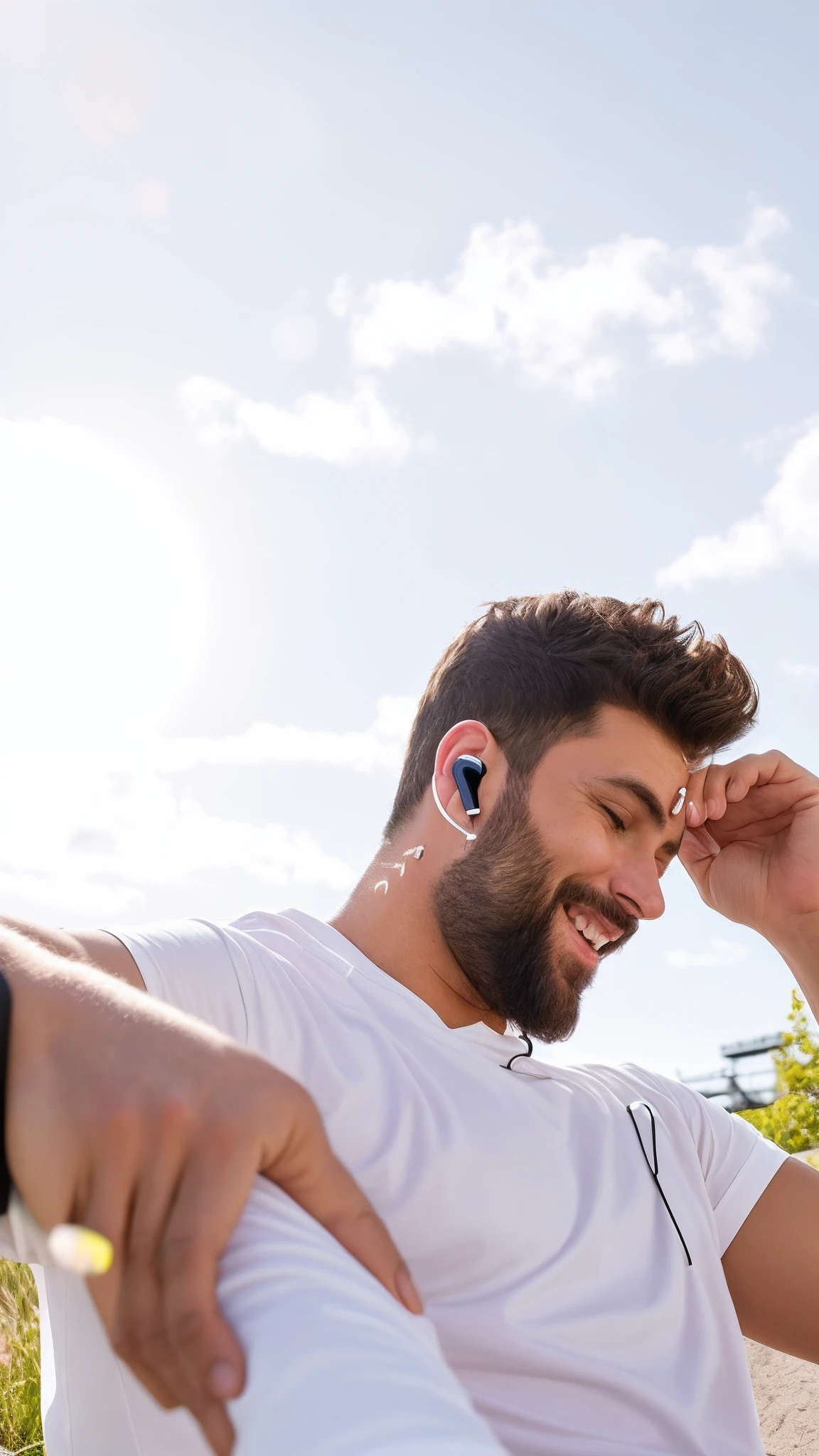 (( Realistic )) there is a man that is sitting down with a cell phone, earing a shirt laughing, sideburns, uploaded, with accurate features, earbuds, with head phones, ear, with a happy expression, detailed portrait shot, realistic masterpiece, summer season, aesthetic shot, profile shot, highly accurate, left ear, portrait shot