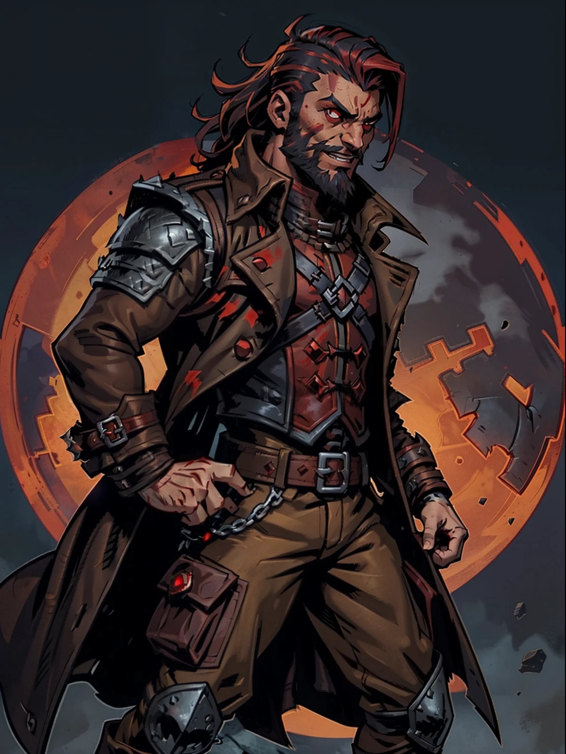 Blood moon background, Darkest Dungeon style, taking treasure. Sadurang from Marvel, hunk, buffed physics, short mane hair, ((mullet)), defined face, detailed eyes, short beard, glowing red eyes, dark hair, wily smile, badass, dangerous. Wearing ((trench coat with long sleeves)), armor vest, cargo pants