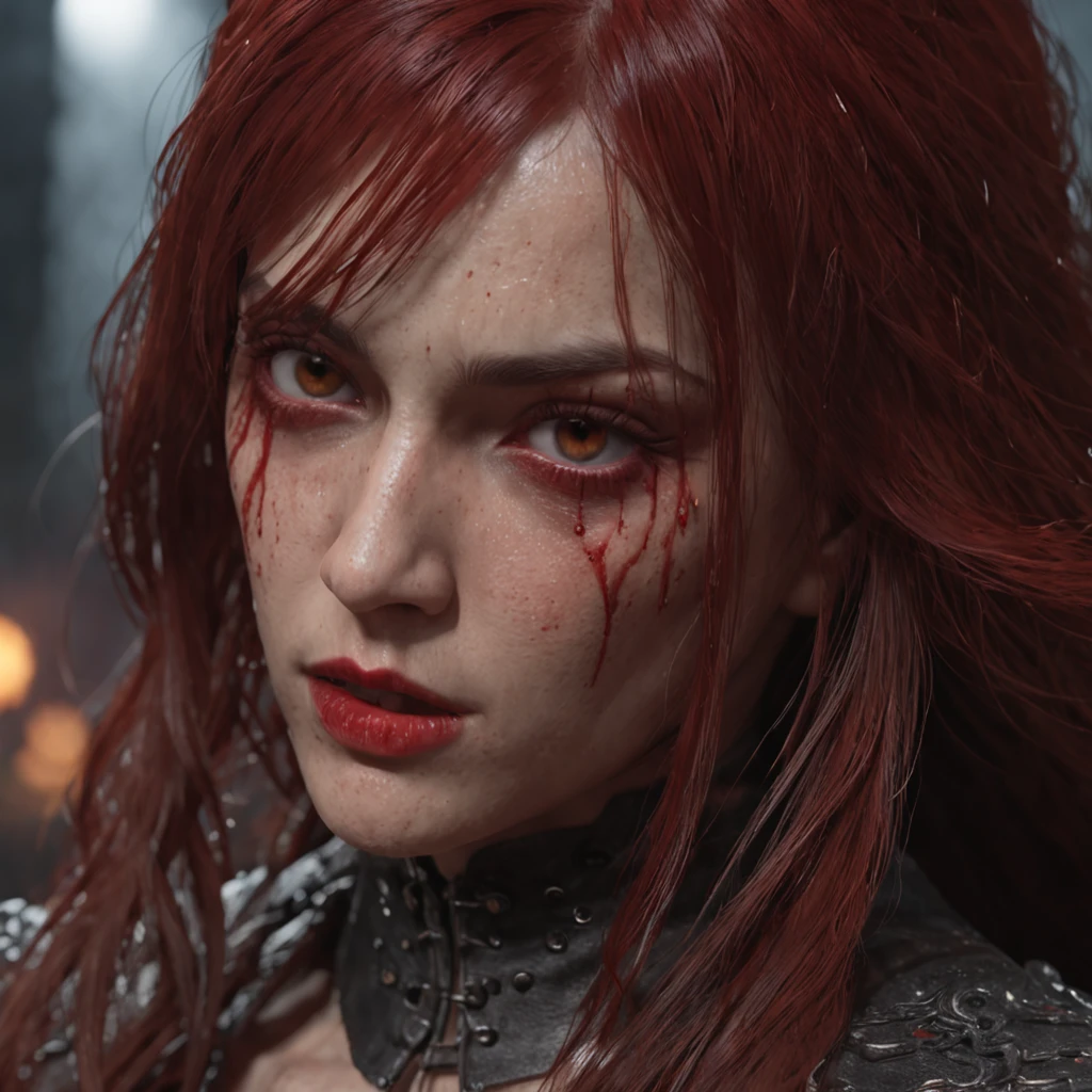 (professional 3d render:1.3) af (Realistic:1.3) most beautiful artwork photo in the world，Features soft and bloodied female heroes, ((Epic hero fantasy witch woman ugh wet hero angry look very long blood red hair with bangs and ferocious expression in dynamic pose, Fantastic location, Majestic cluttered environment)), full body 8k unity render, action  shot, skin pore, very dark lighting, heavyshading, Detailed, Detailed face, (vibrant, photograph realistic, Realistic, Dramatic, Dark, Sharp focus, 8K), (Old leather garments damaged by weathering:1.4), ((((Long blood red hair with bangs)))), (Intricate:1.4), decadent, (Highly detailed:1.4), Digital painting, rendering by octane, art  stations, concept-art, smooth, Sharp focus, illustration, Art germ, (loish:0.23), wlop ilya kuvshinov, and greg rutkowski and alphonse mucha gracias, (Global illumination, Studio light, volumettic light), heavy rain, particles floating, lotr, fantasy, tall, glowing luminescent orange eyes, full bodyesbian, ((Dark and ancient city background:1.3)),CGSesociety,art  stations