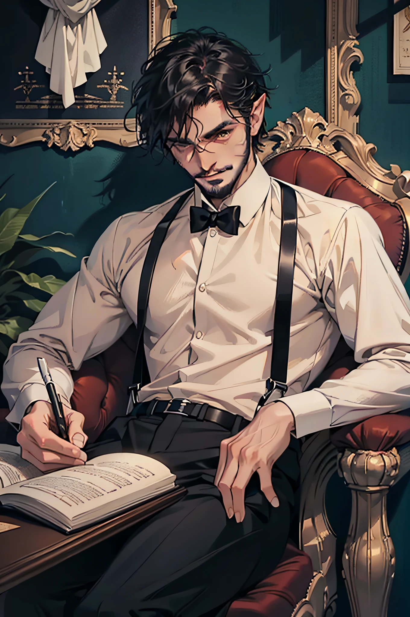 A middle aged elvish man with dark, black hair, elegant, bearded, masculine features, older look, slightly messy hair, formal fantasy attire, holding a tome, sitting on a chair, gentle smile, manly, 4k, masterpiece, short hair, suspenders, soft-lighting, realistic, best quality