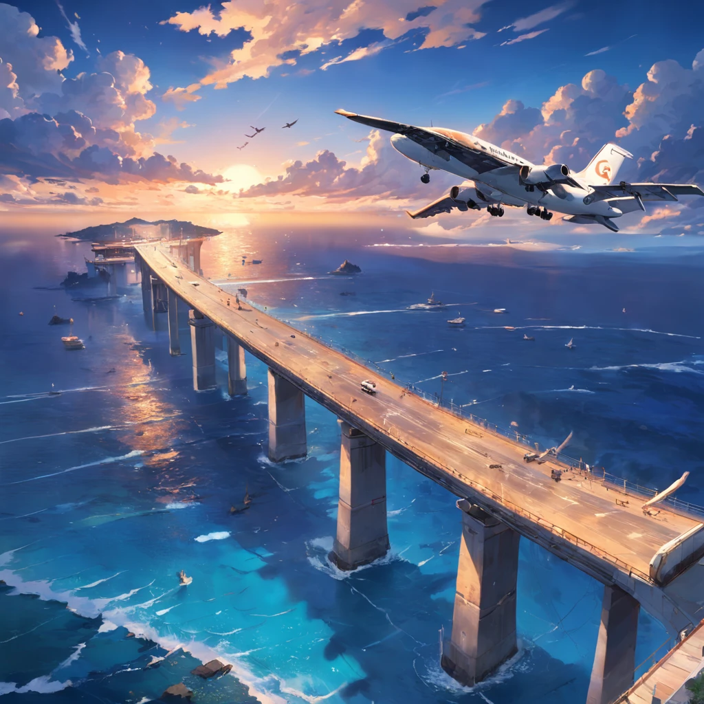 8K, best quality, masterpiece, scenery,Pier,Wharf， sea, seaside, power poles, long stone bridges extending into the sea, panoramic view, a jet plane flying over the sky leaving two white air marks. Blue sky, sunset, evening, reefs by the sea