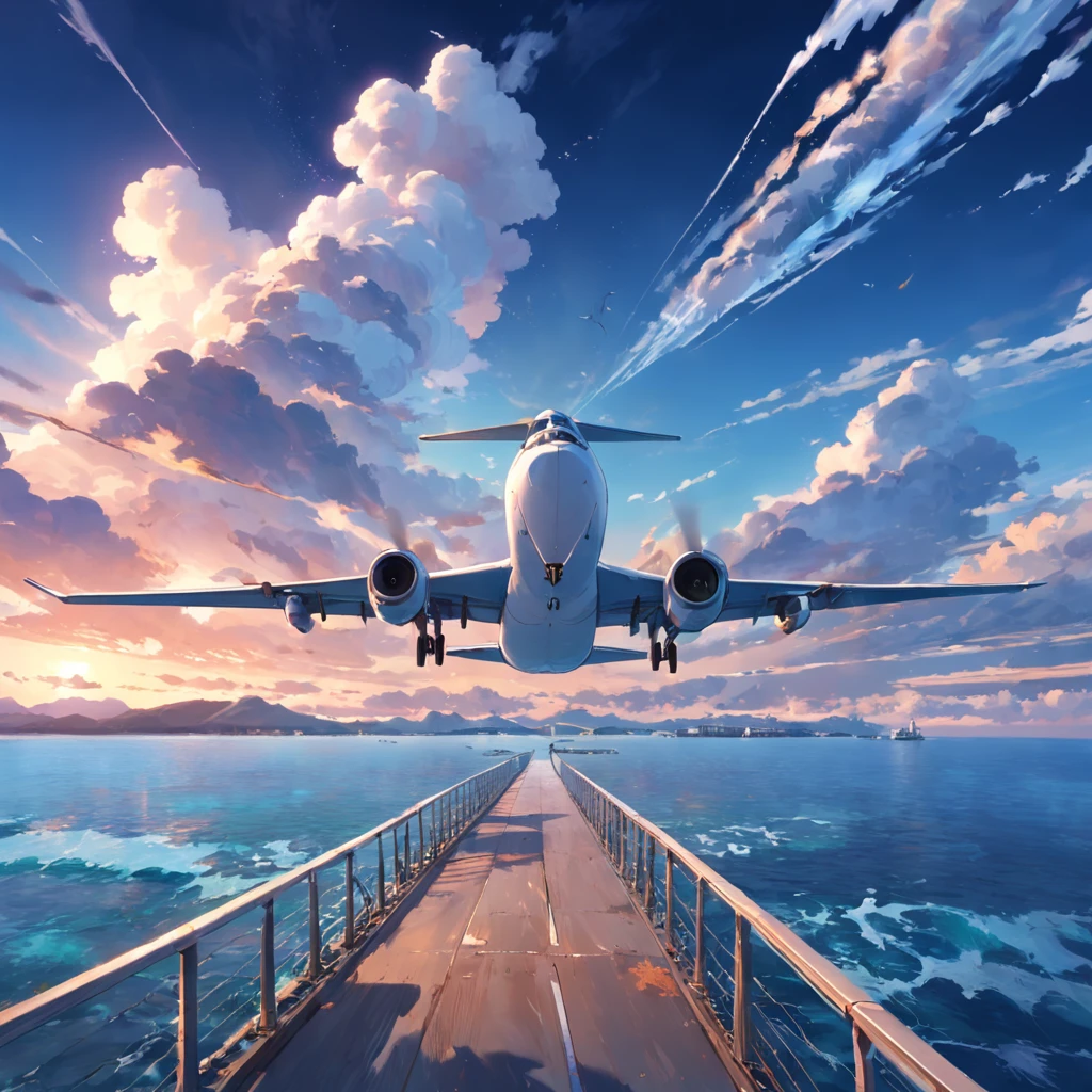 8K, best quality, masterpiece, scenery,Pier,Wharf， sea, seaside, power poles, long stone bridges extending into the sea, panoramic view, a jet plane flying over the sky leaving two white air marks. Blue sky, sunset, evening, reefs by the sea