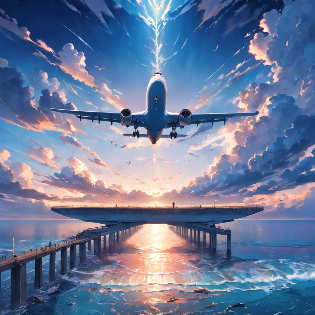 8K, best quality, masterpiece, scenery,Pier,Wharf, sea, seaside, power poles, long stone bridges extending into the sea, panoramic view, a jet plane flying over the sky leaving two white air marks. Blue sky, sunset, evening, reefs by the sea