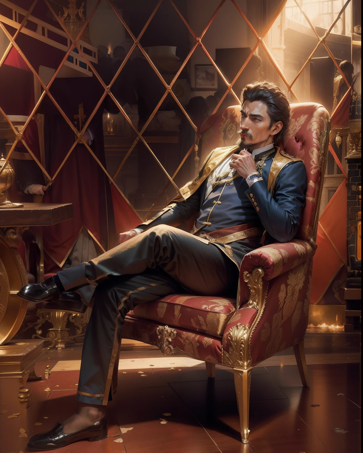 King seat, king dressed, background kings house , crowded,