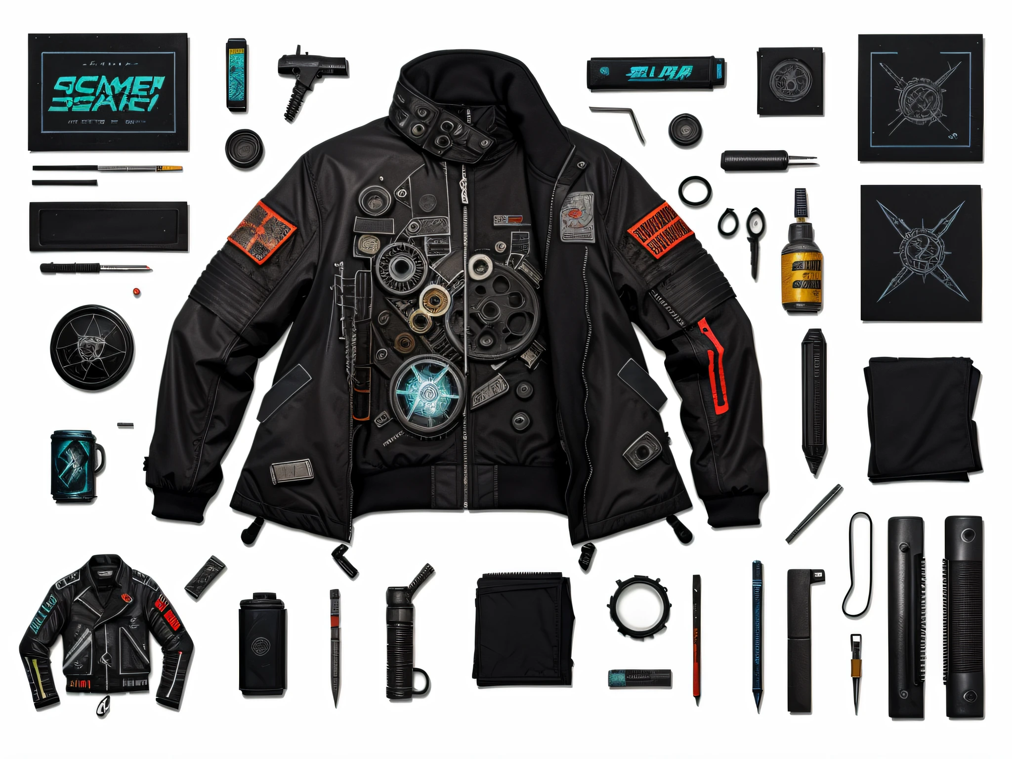 Game object cyberpunk jacket, bits of color, Sketch, hand drawn, dark, gritty, realistic sketch, Rough sketch, mix of bold dark lines and loose lines, bold lines, on paper, jacket sheet, jacket, Water in metal, slik, sci-fi, ghostly theme, (((items and gear listed on the side)))