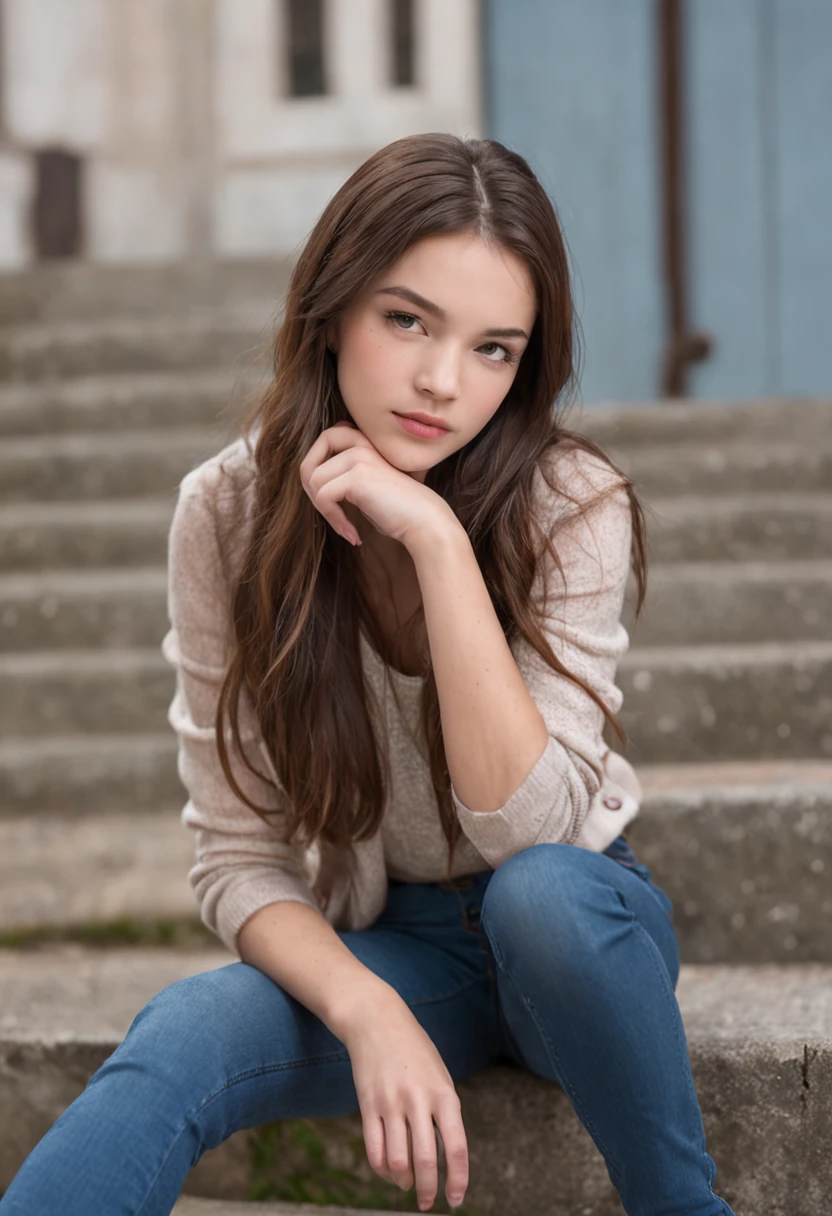 Teen girl, Tight jeans, sitting, high school,